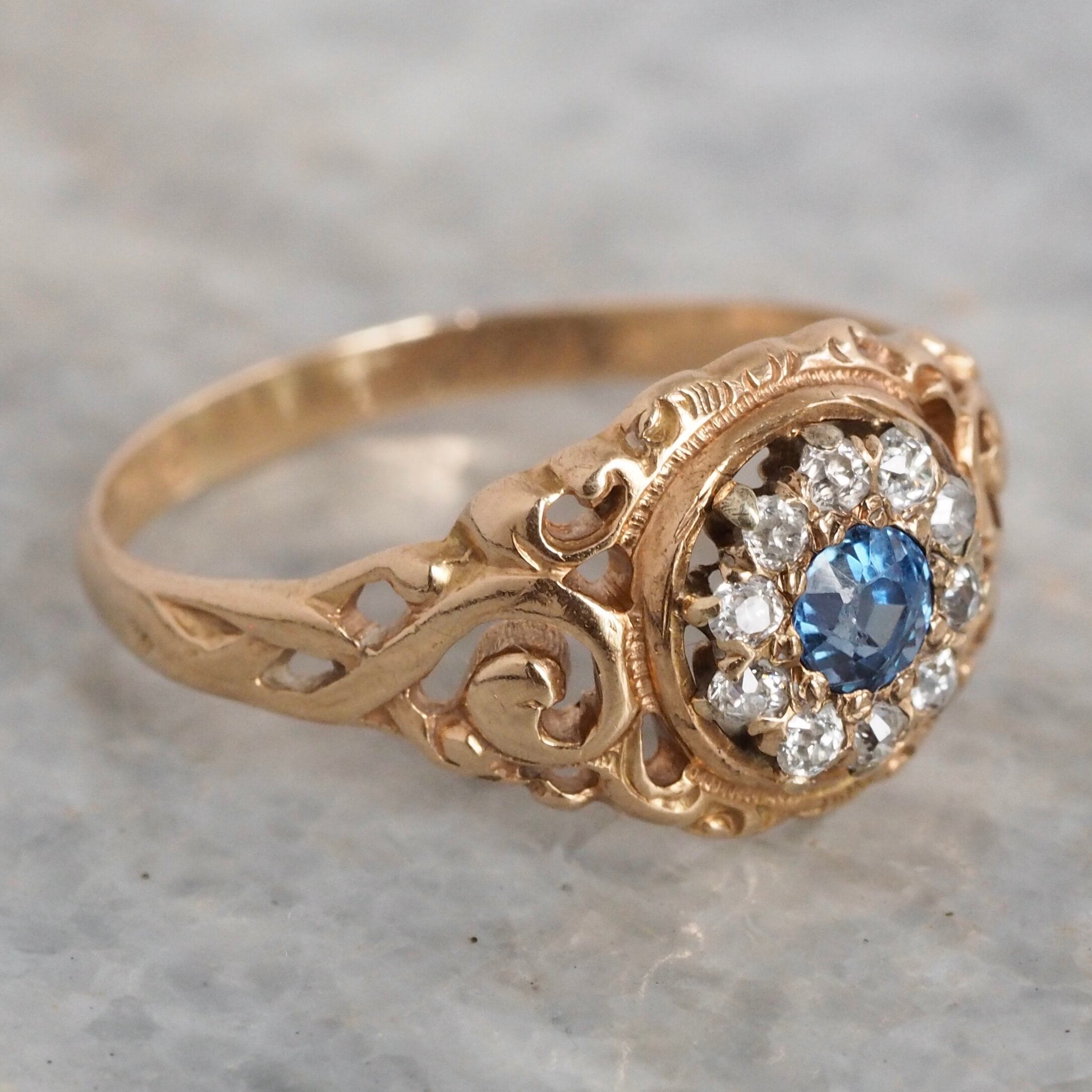 Art Nouveau 14k Gold Natural Sapphire and Diamond Halo Ring