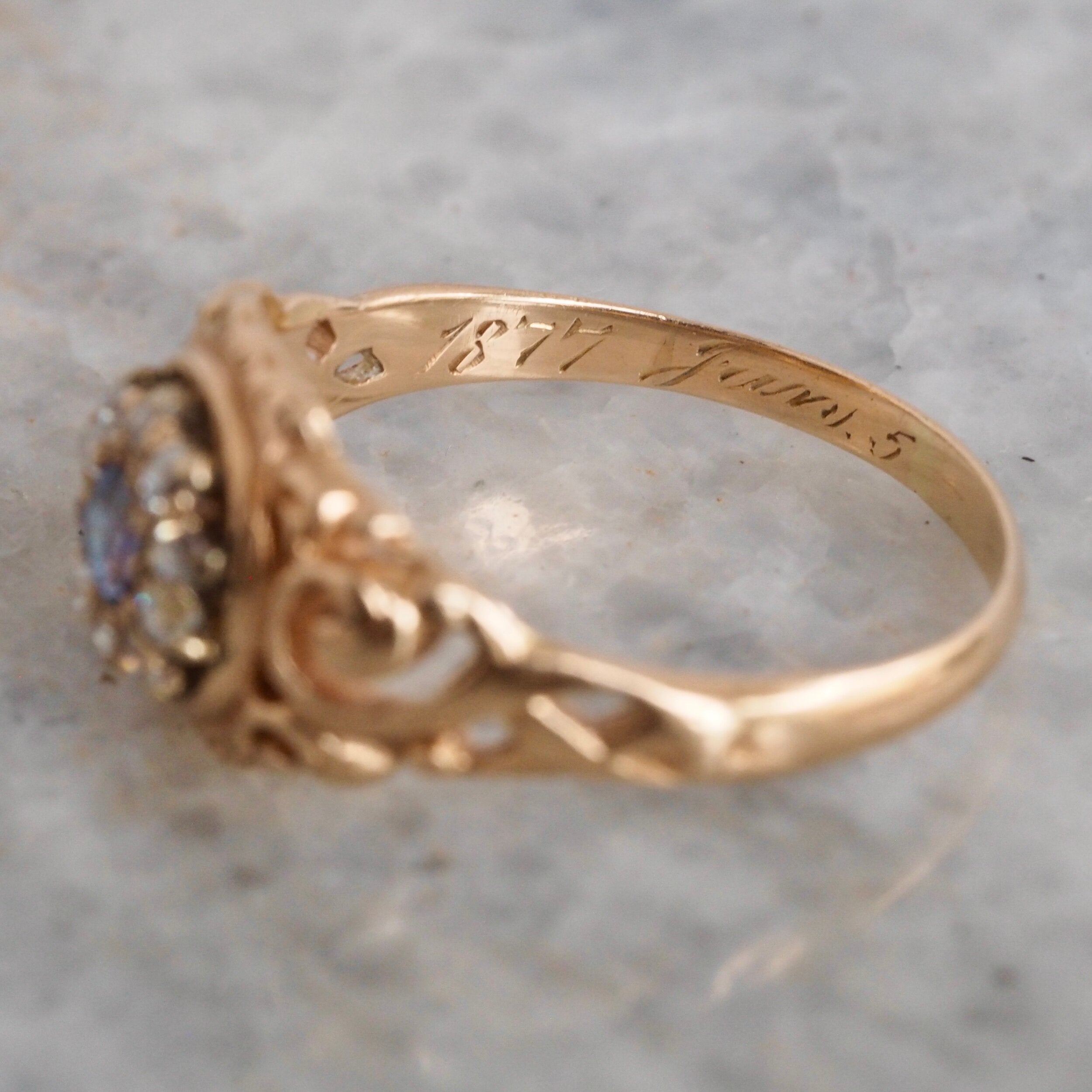 Art Nouveau 14k Gold Natural Sapphire and Diamond Halo Ring
