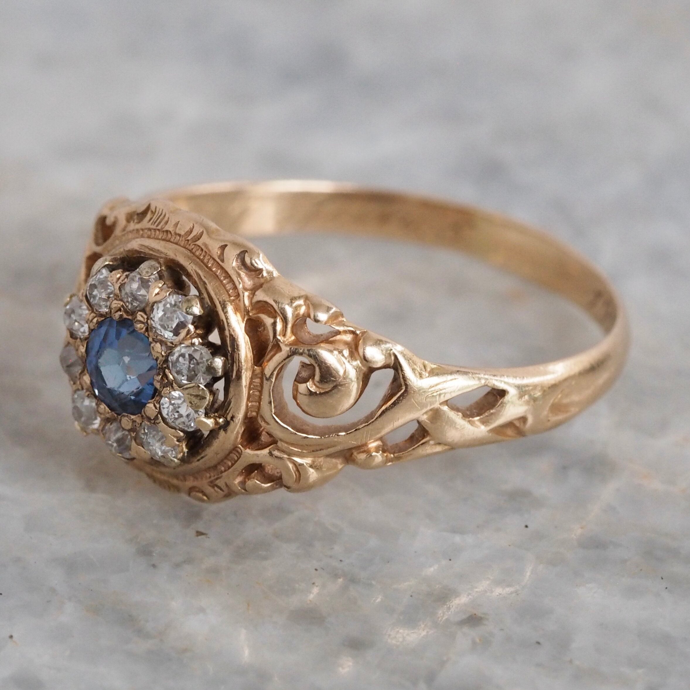 Art Nouveau 14k Gold Natural Sapphire and Diamond Halo Ring