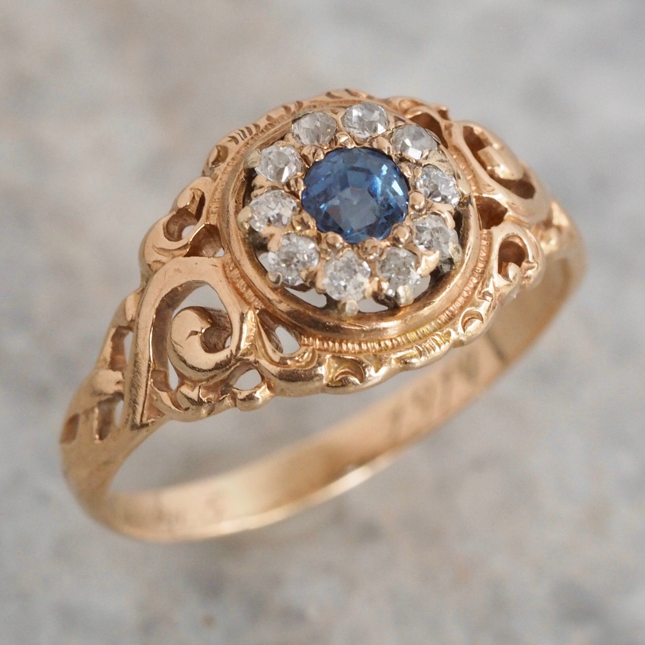 Art Nouveau 14k Gold Natural Sapphire and Diamond Halo Ring