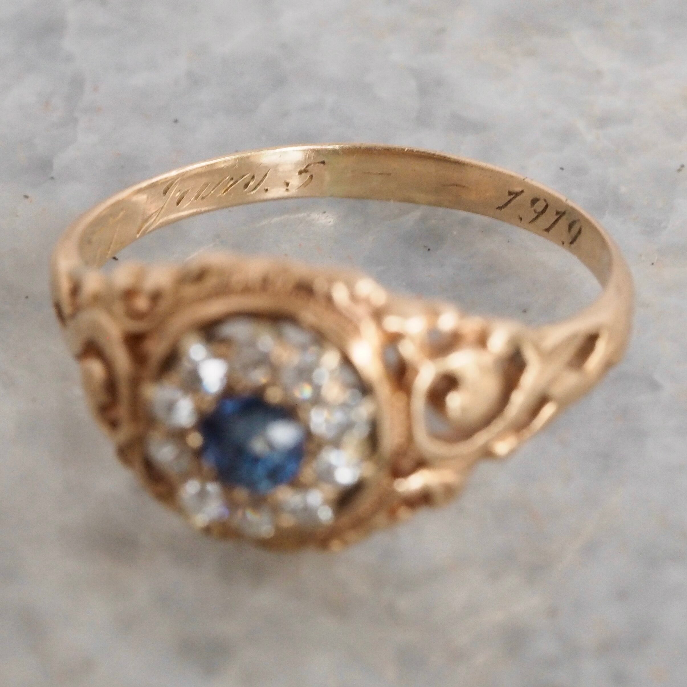 Art Nouveau 14k Gold Natural Sapphire and Diamond Halo Ring