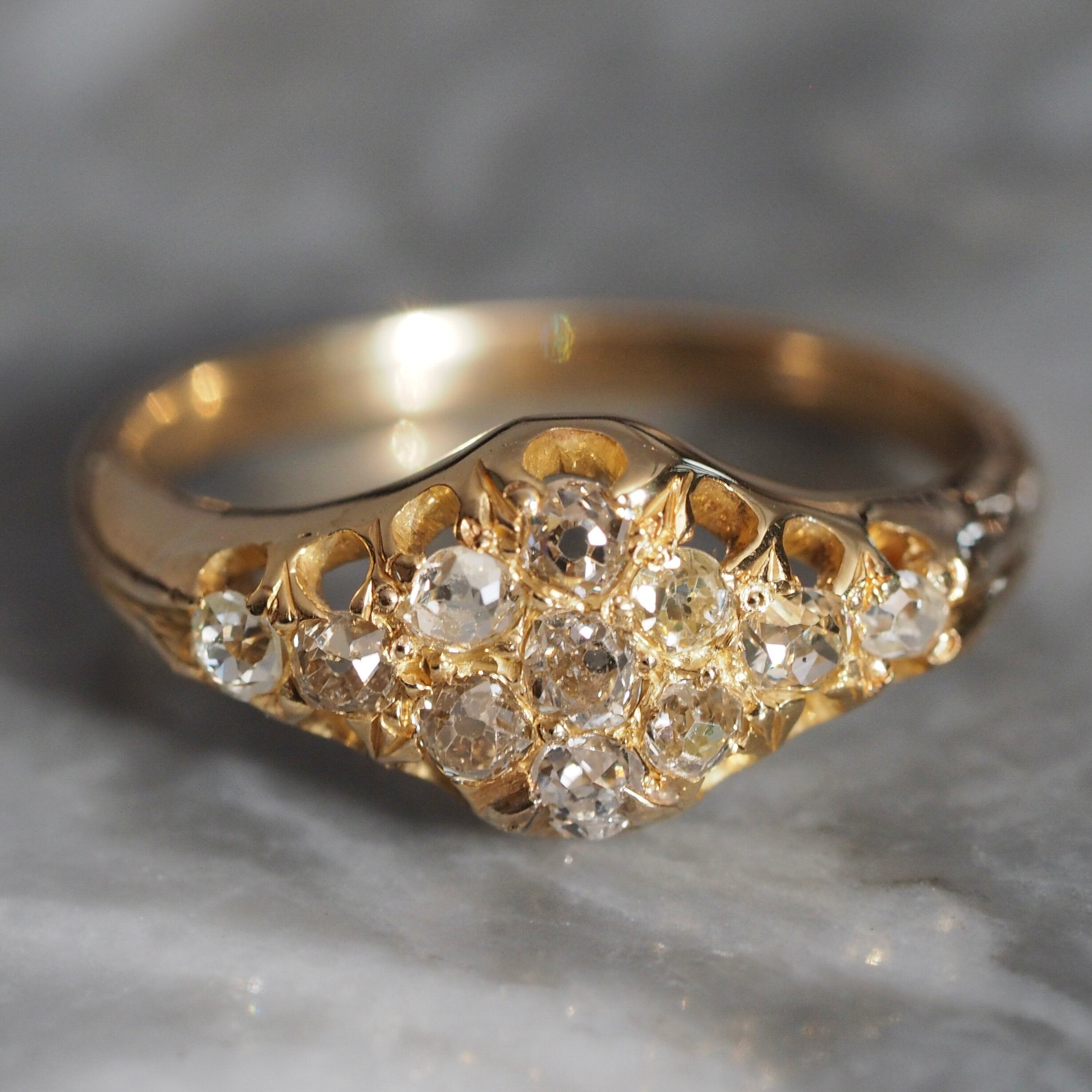 Art Nouveau 18k Gold Old Mine Cut Diamond Cluster Ring