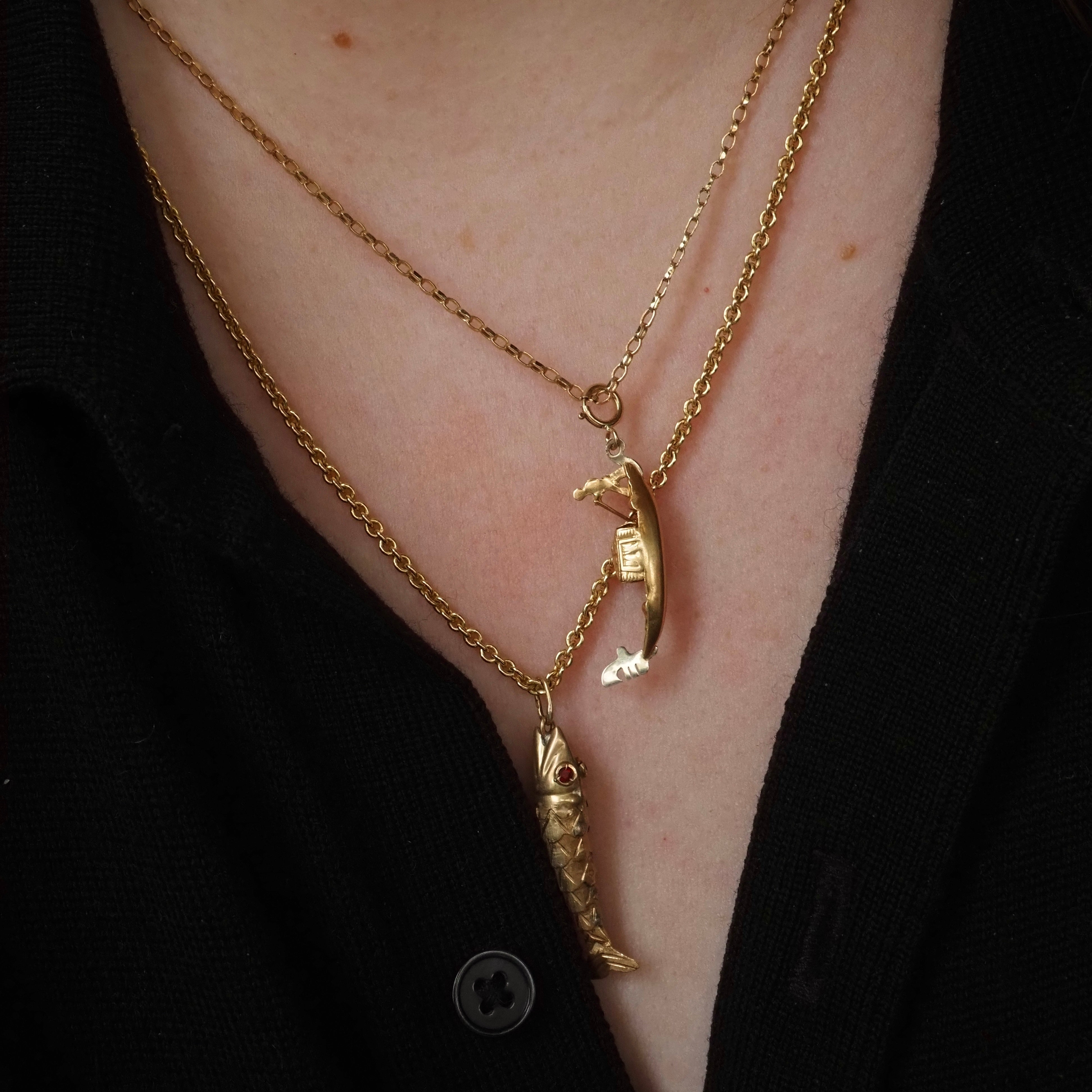 Vintage 14k Gold & Ruby Paste Articulated Fish Charm