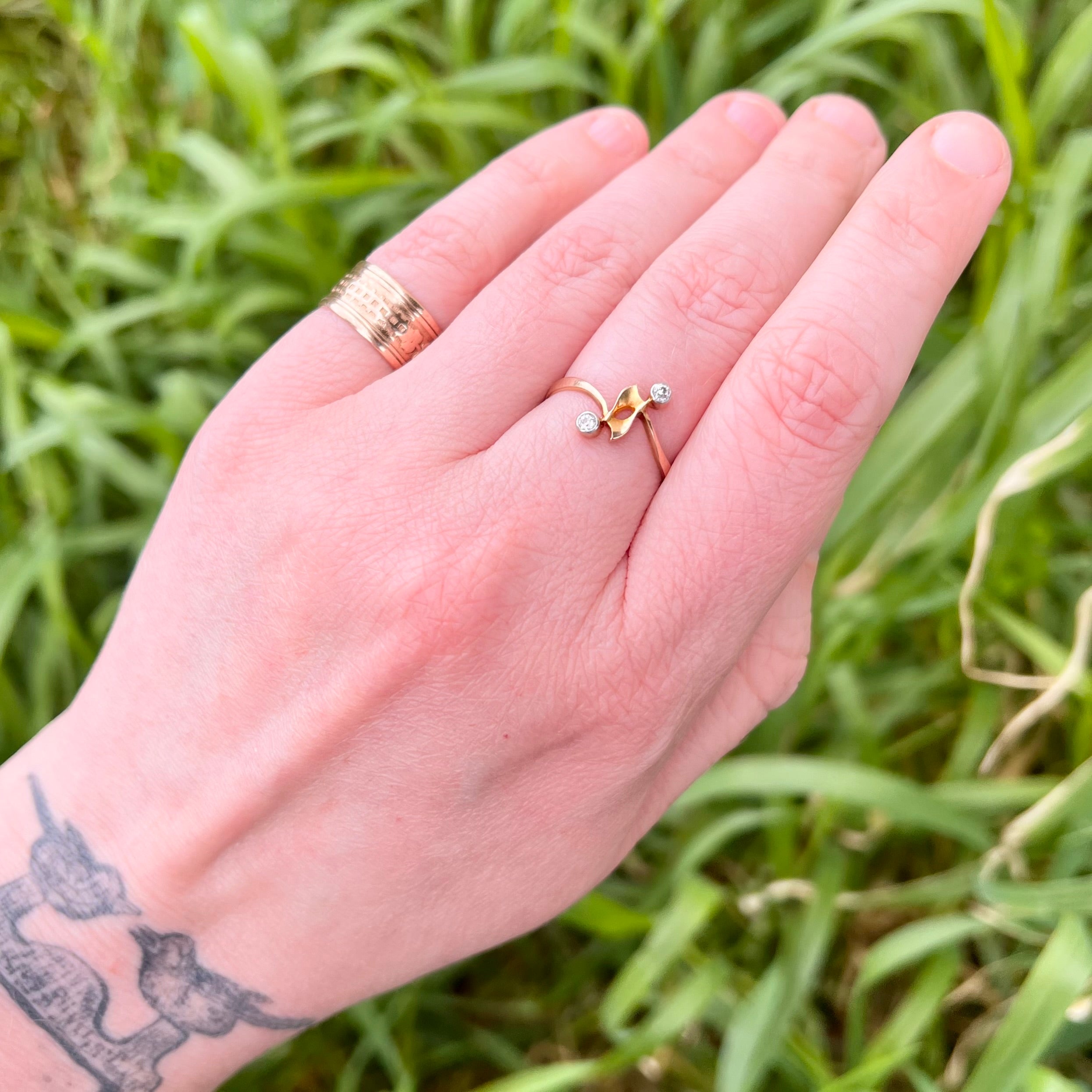 Antique German Art Deco 14k Gold Old Mine Cut Diamond Moi et Toi Ring