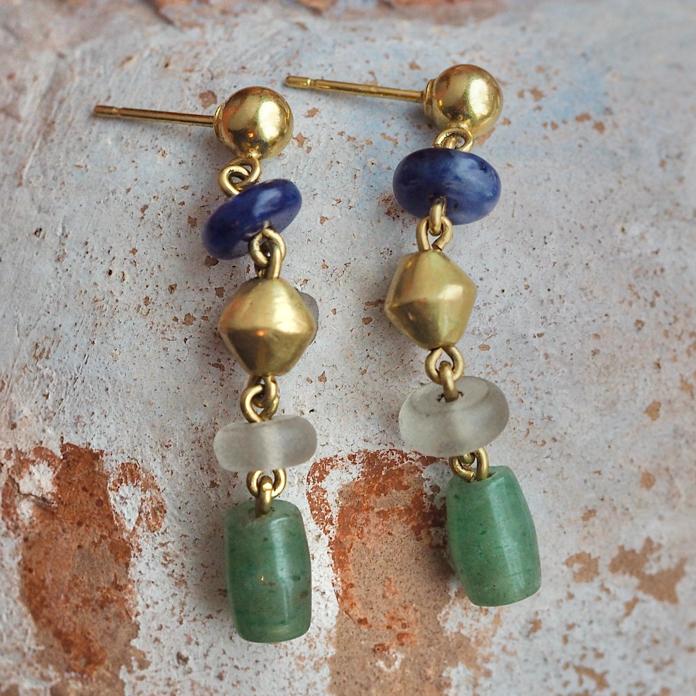 Ancient Inspired Vintage 18k Gold Aventurine Lapis & Glass Earrings