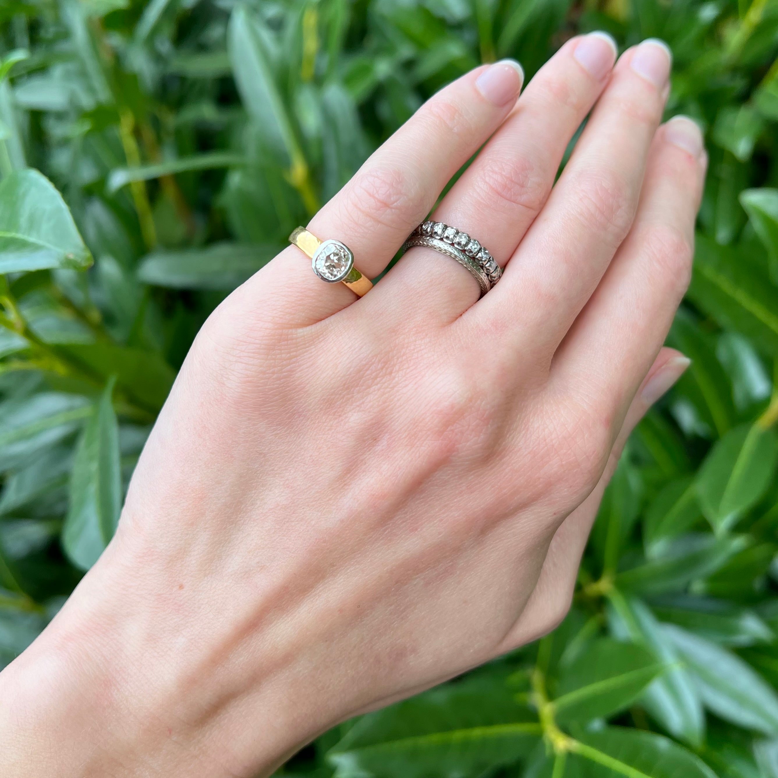 Vintage English 22k Gold Platinum Bezel Set 1.10ct Old Mine Cut Diamond Engagement Ring