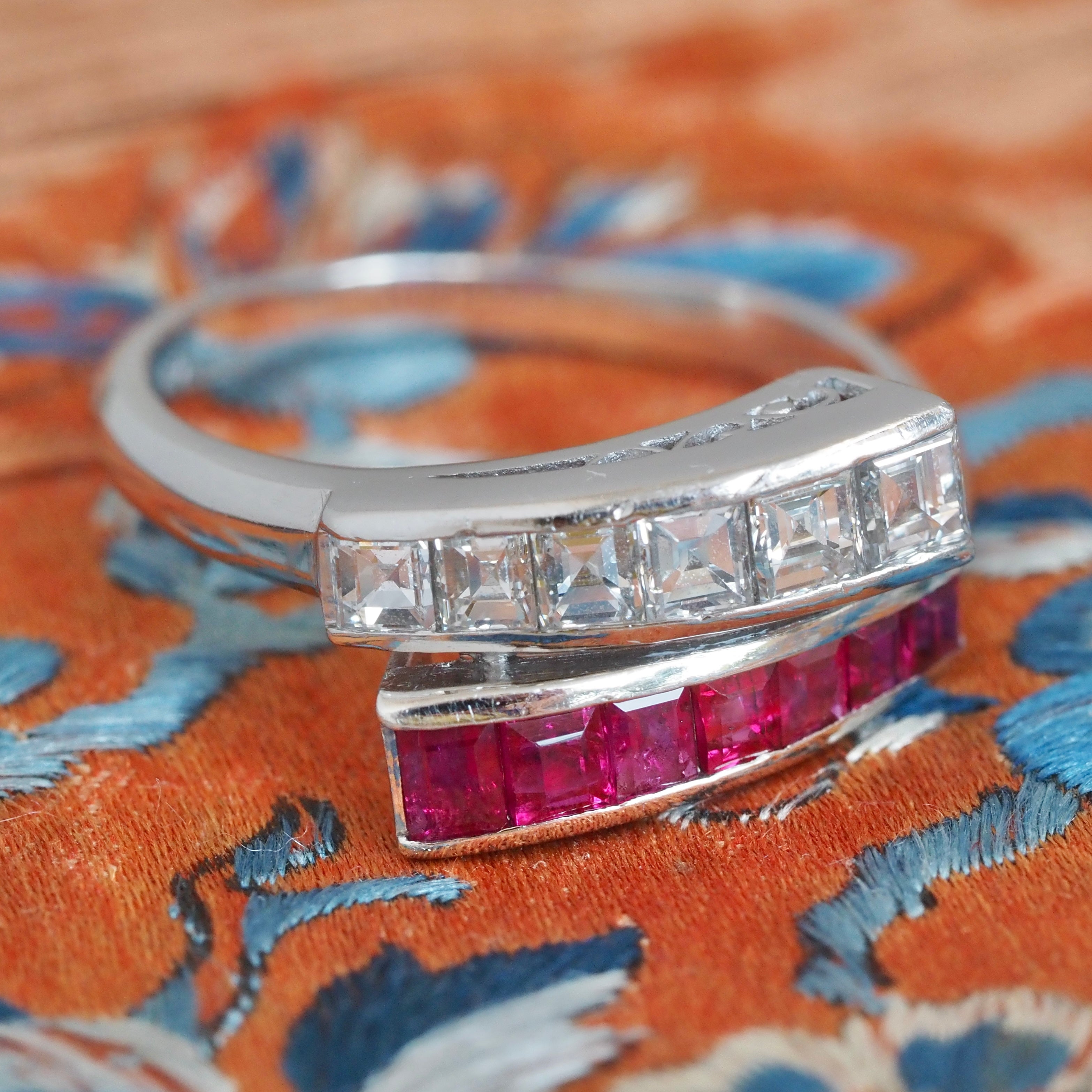 Antique Art Deco Platinum Diamond and Natural Ruby Bypass Ring
