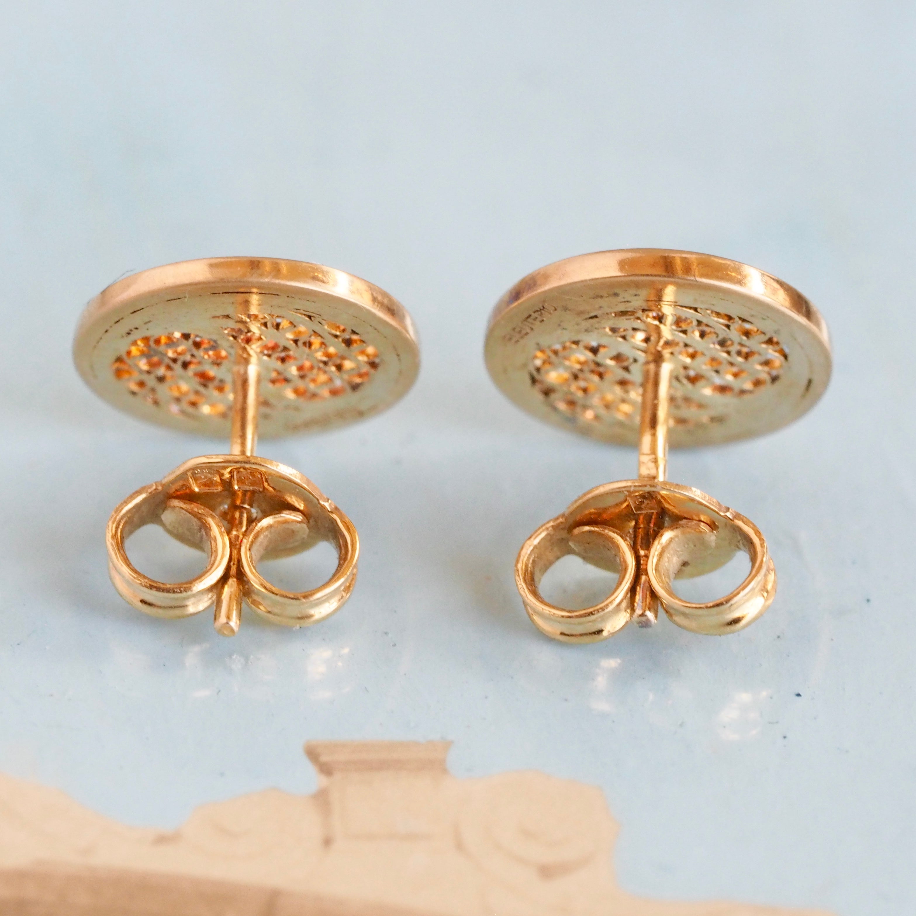 Vintage Portuguese 18k Gold Filigree Diamond Stud Earrings