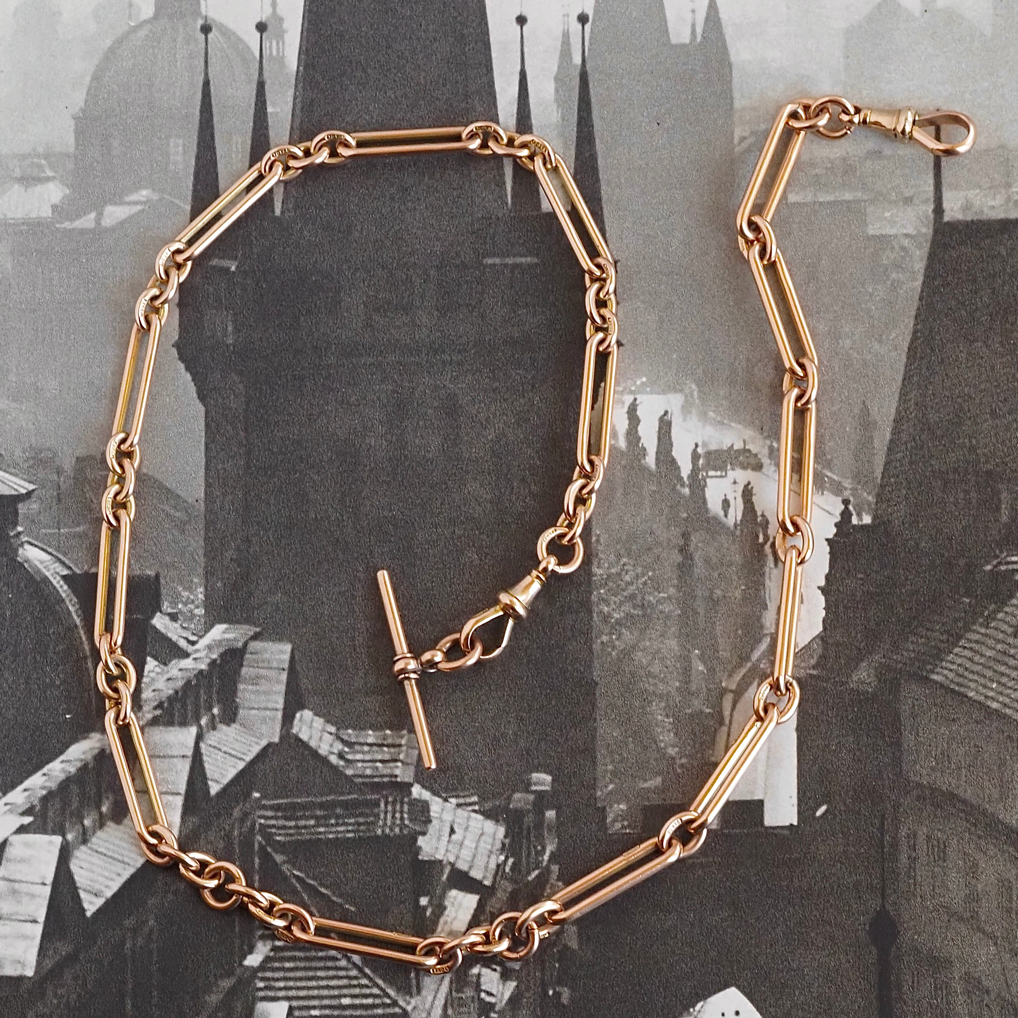 Antique c. 1901 English 9k Gold Trombone Link Albert Watch Chain Necklace with T-Bar and Dog Clips