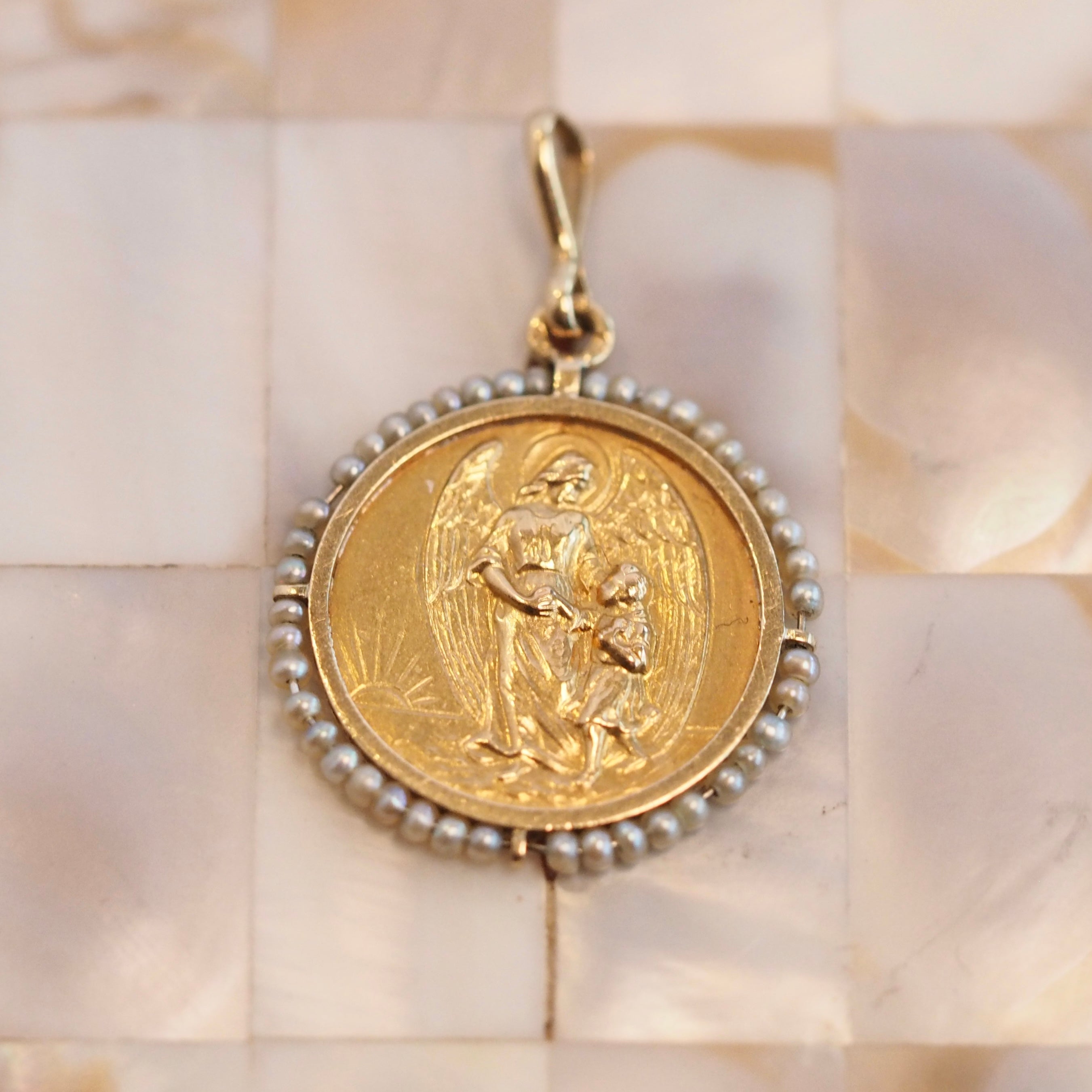 Antique Portuguese 19k Gold and Seed Pearl Guardian Angel Pendant
