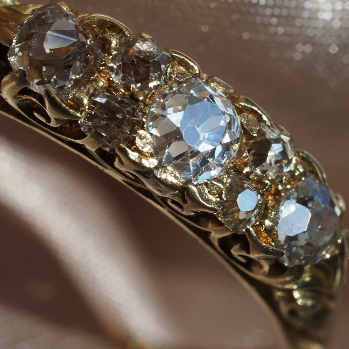 Antique Art Nouveau Old Mine Cut and Single Cut Diamond 18k Gold Half Hoop Ring