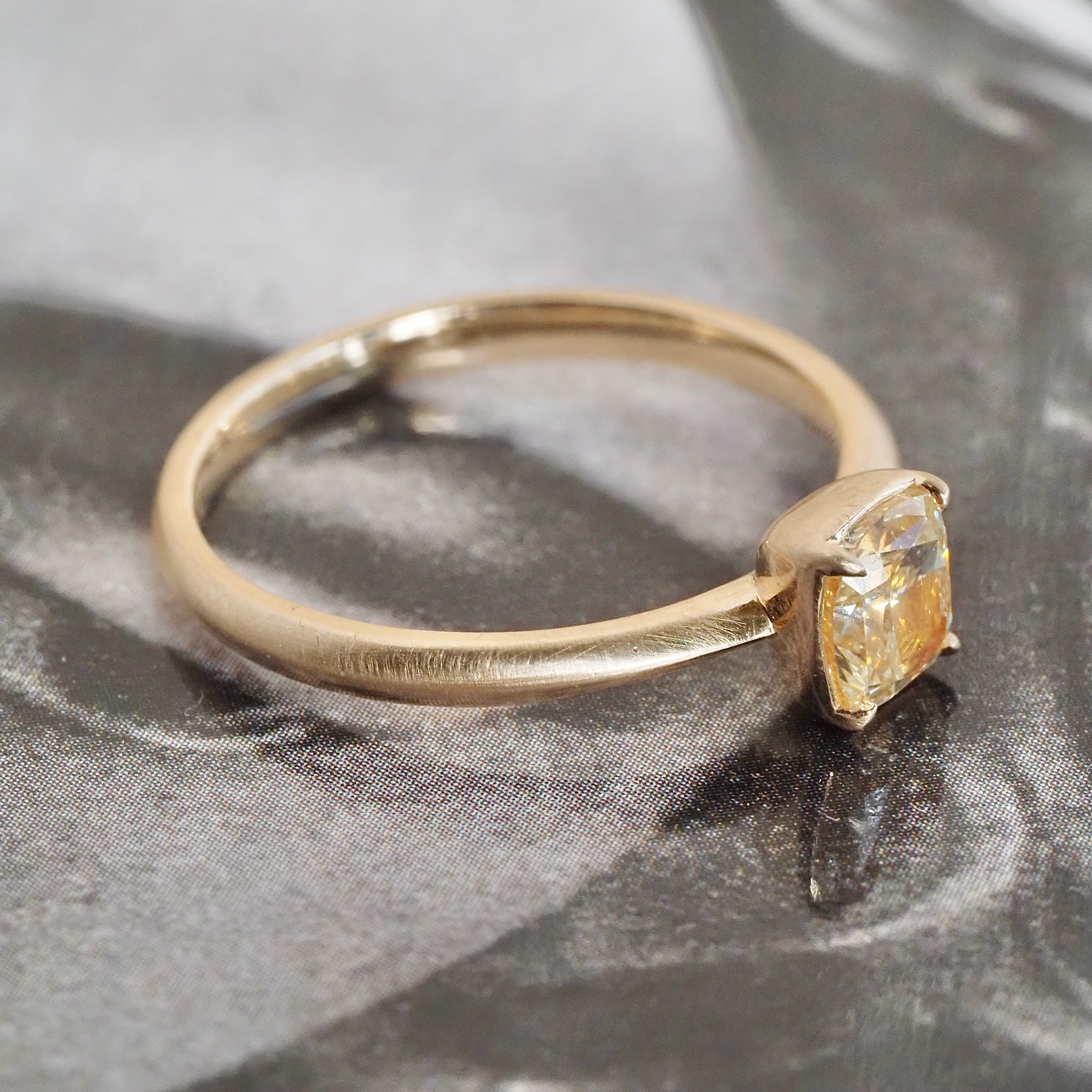 Yellow Cushion Brilliant Cut Diamond 14k Gold Knife Edge Set Solitaire Engagement Ring