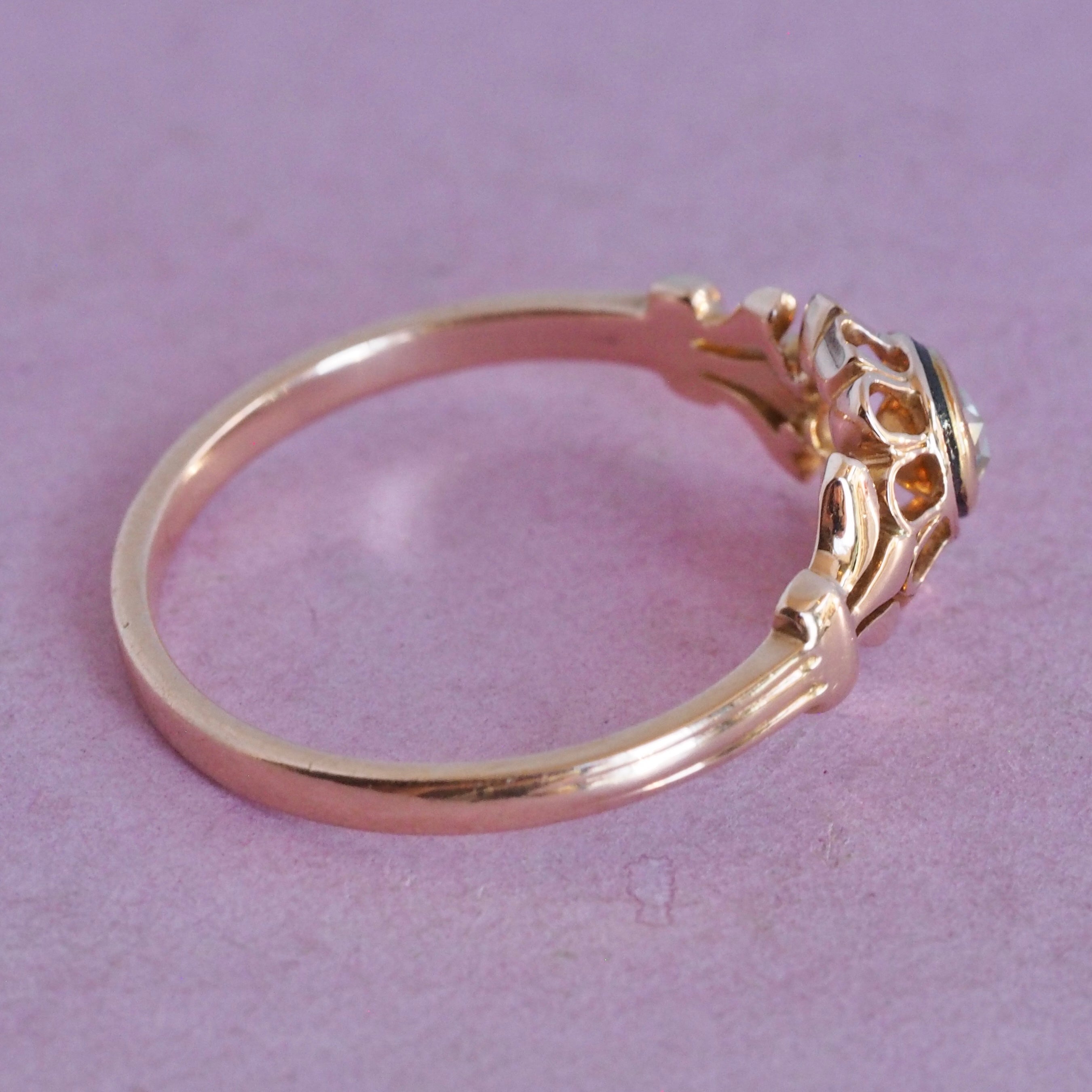 Antique Victorian 18k Rose Gold Foiled Back Rose Cut Diamond and Enamel Ring