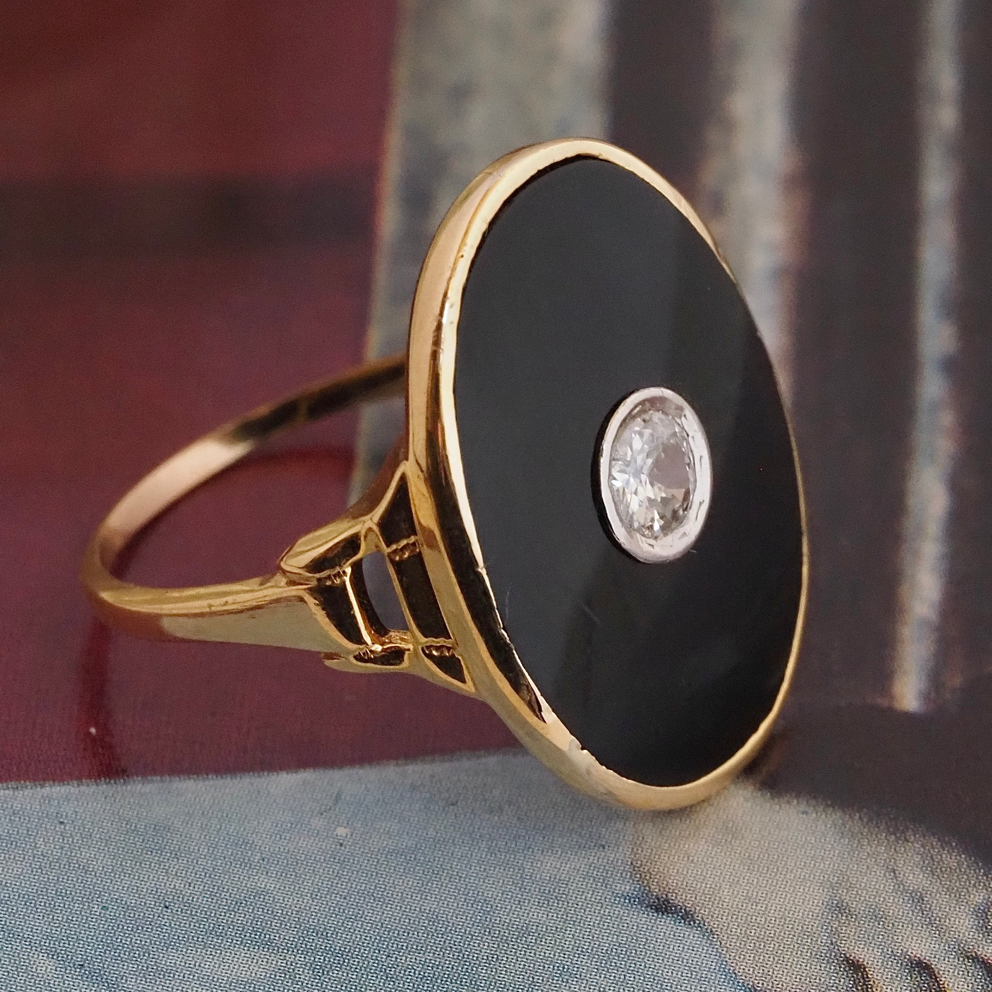 Antique Art Deco Old European Cut Diamond Onyx 14k Gold Ring