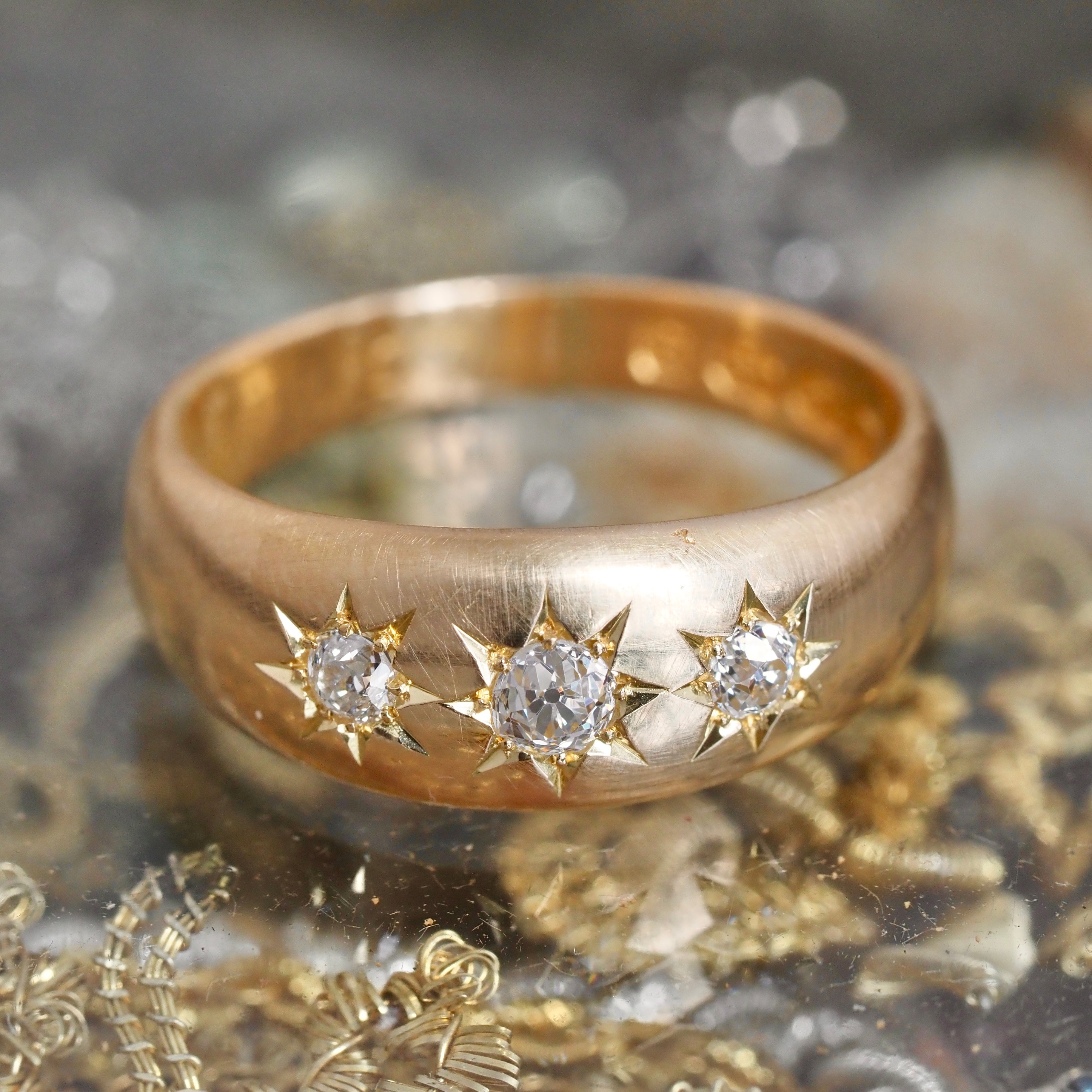 Antique c. 1892 English Starburst Flush Set Old Mine Cut Diamond Trilogy 18k Gold Ring