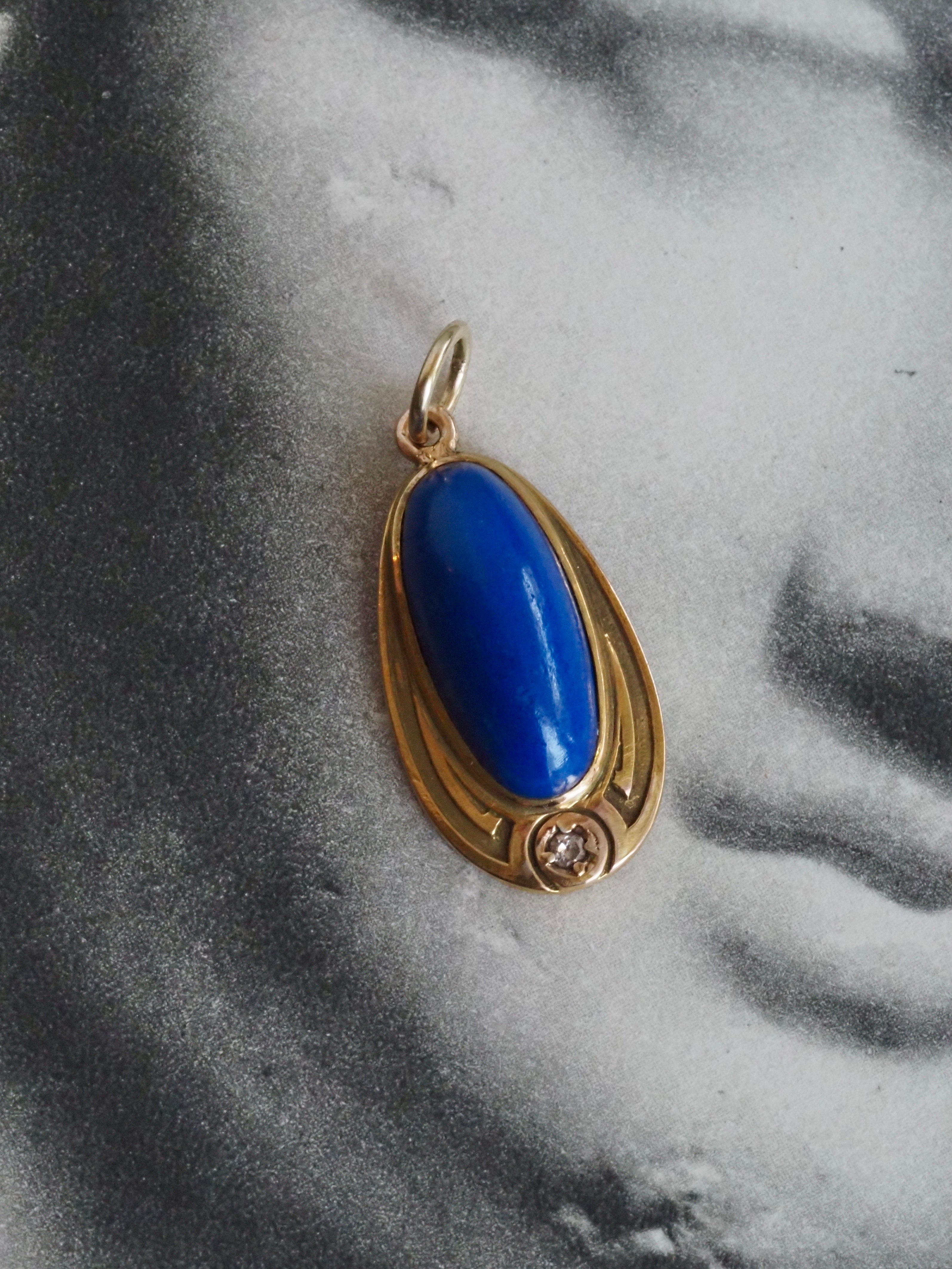 Antique Art Nouveau 14k Gold Lapis & Diamond Pendant