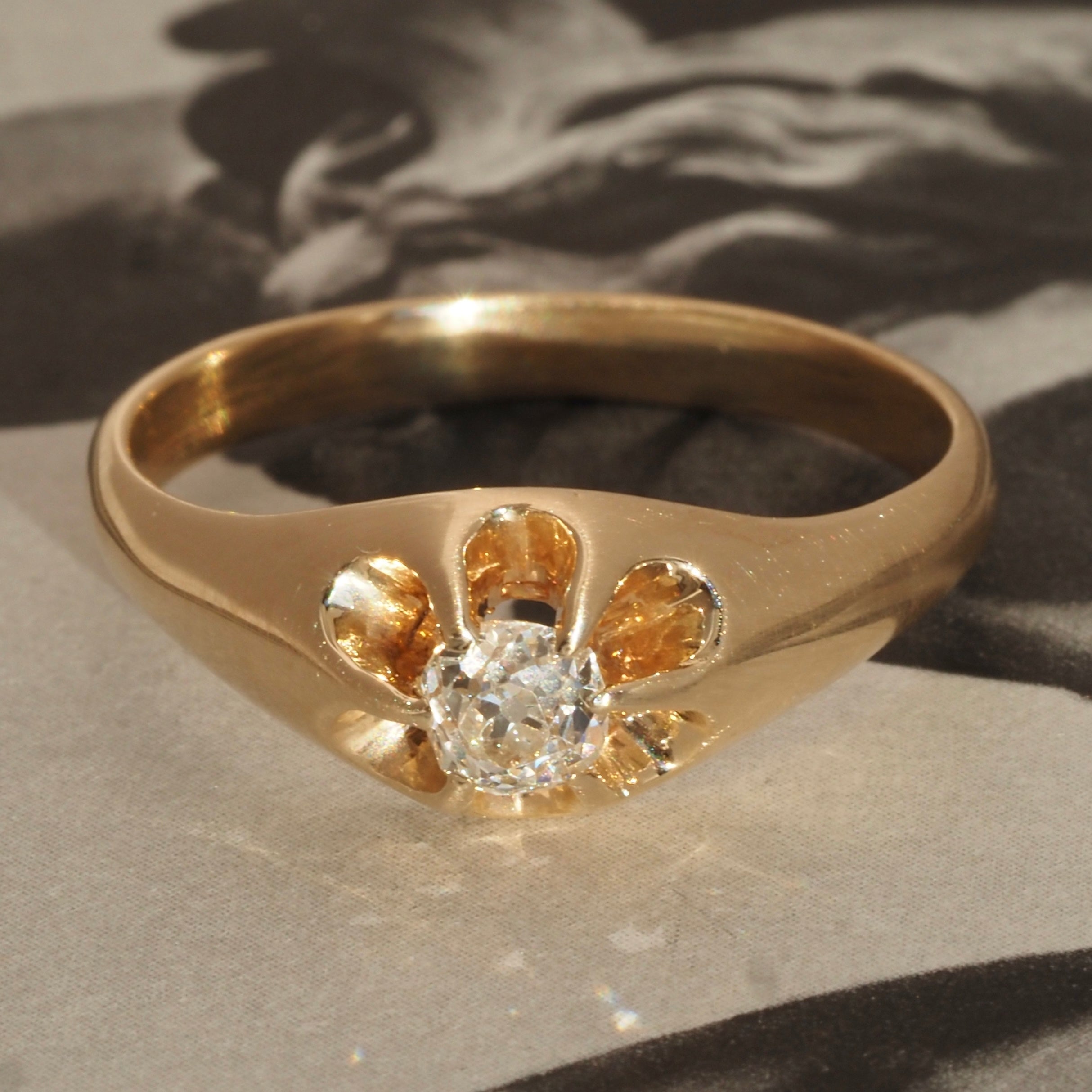 Antique Old Mine Cut Diamond Flush Set Belcher 14k Gold Engagement Ring