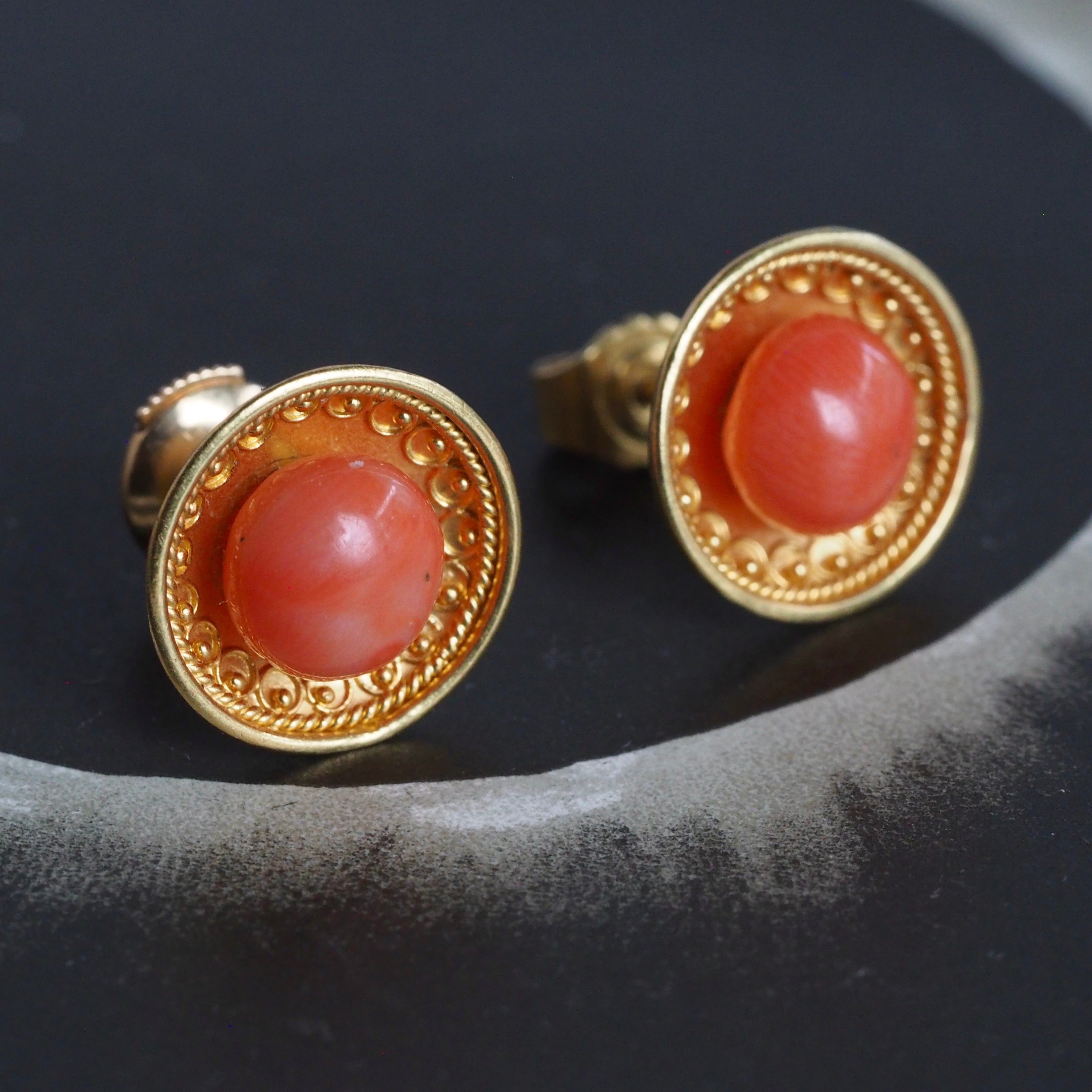 Antique Etruscan Style 18k Gold Coral Disc Earrings
