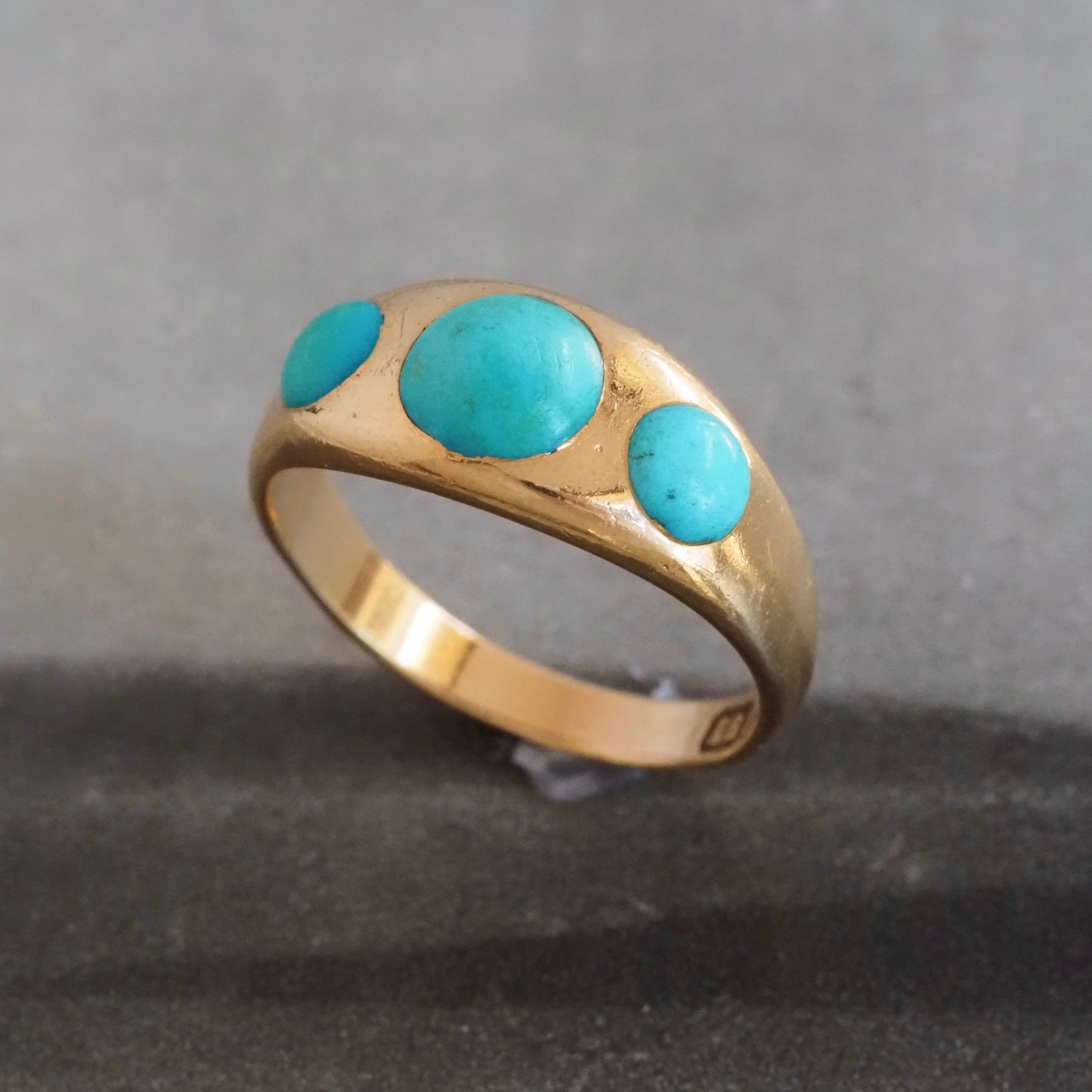 Antique Victorian Turquoise Flush Set Trilogy 18k Gold Ring