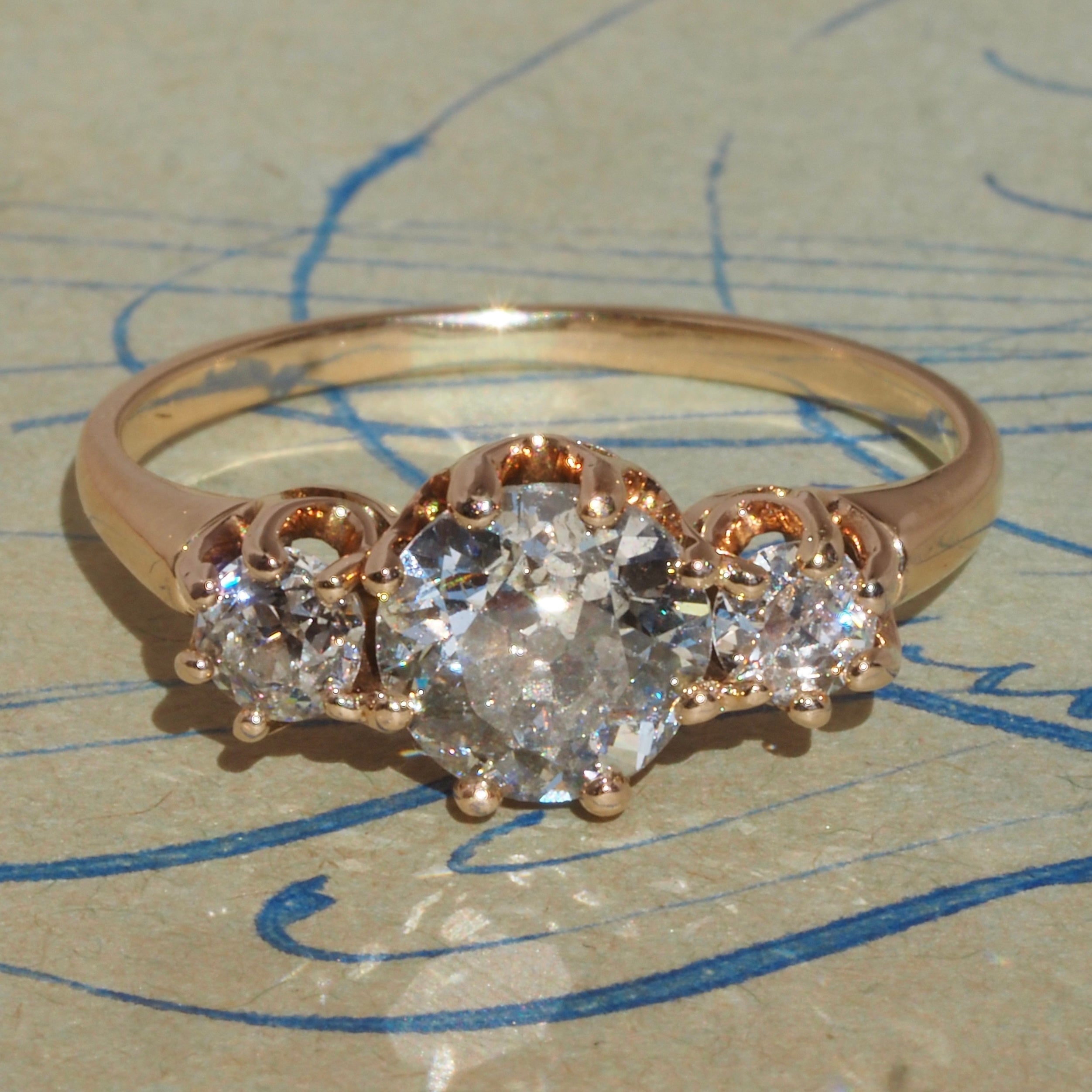 Antique Edwardian 1.30tcw Old European Cut Diamond Trilogy 14k Gold Engagement Ring