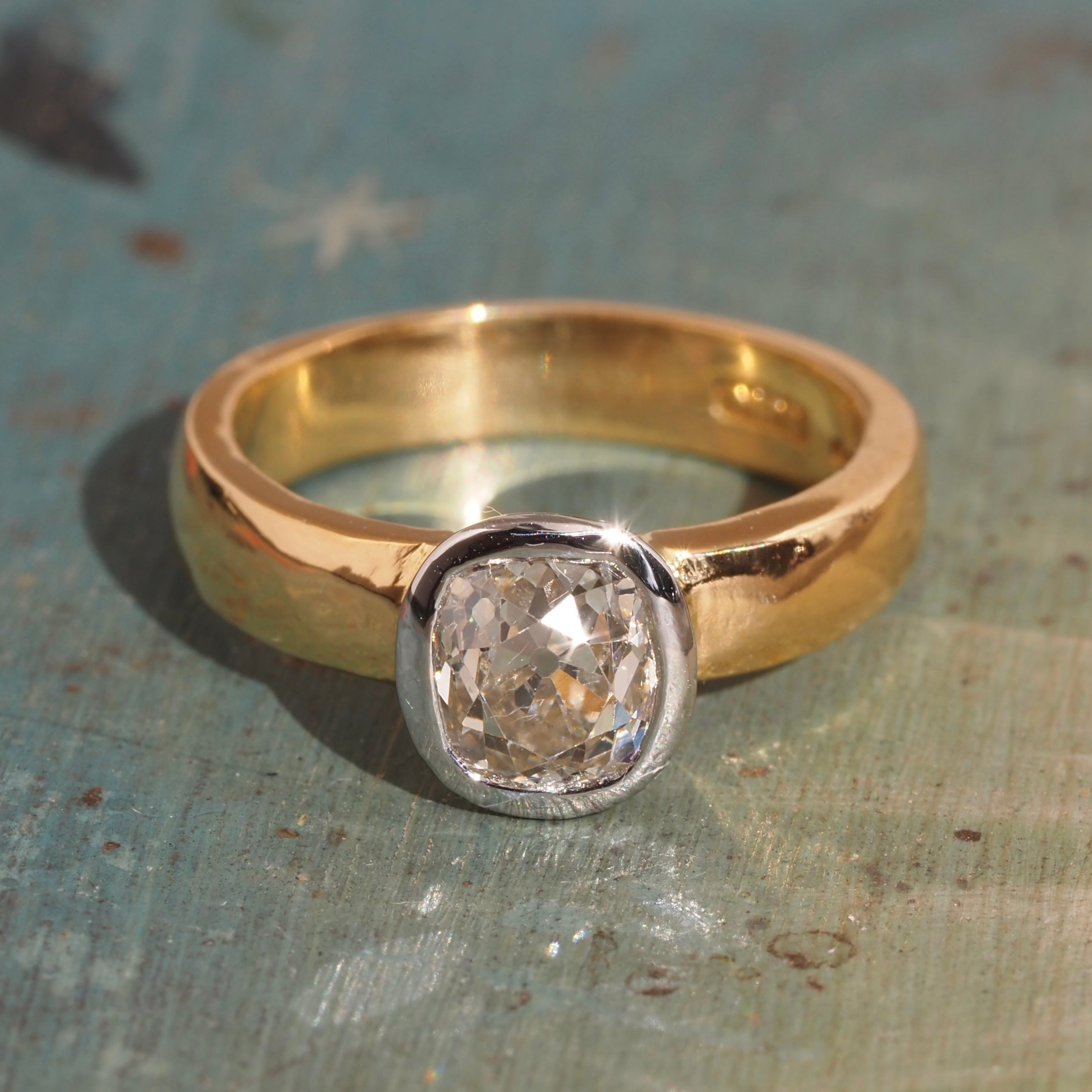 Vintage English 22k Gold Platinum Bezel Set 1.10ct Old Mine Cut Diamond Engagement Ring