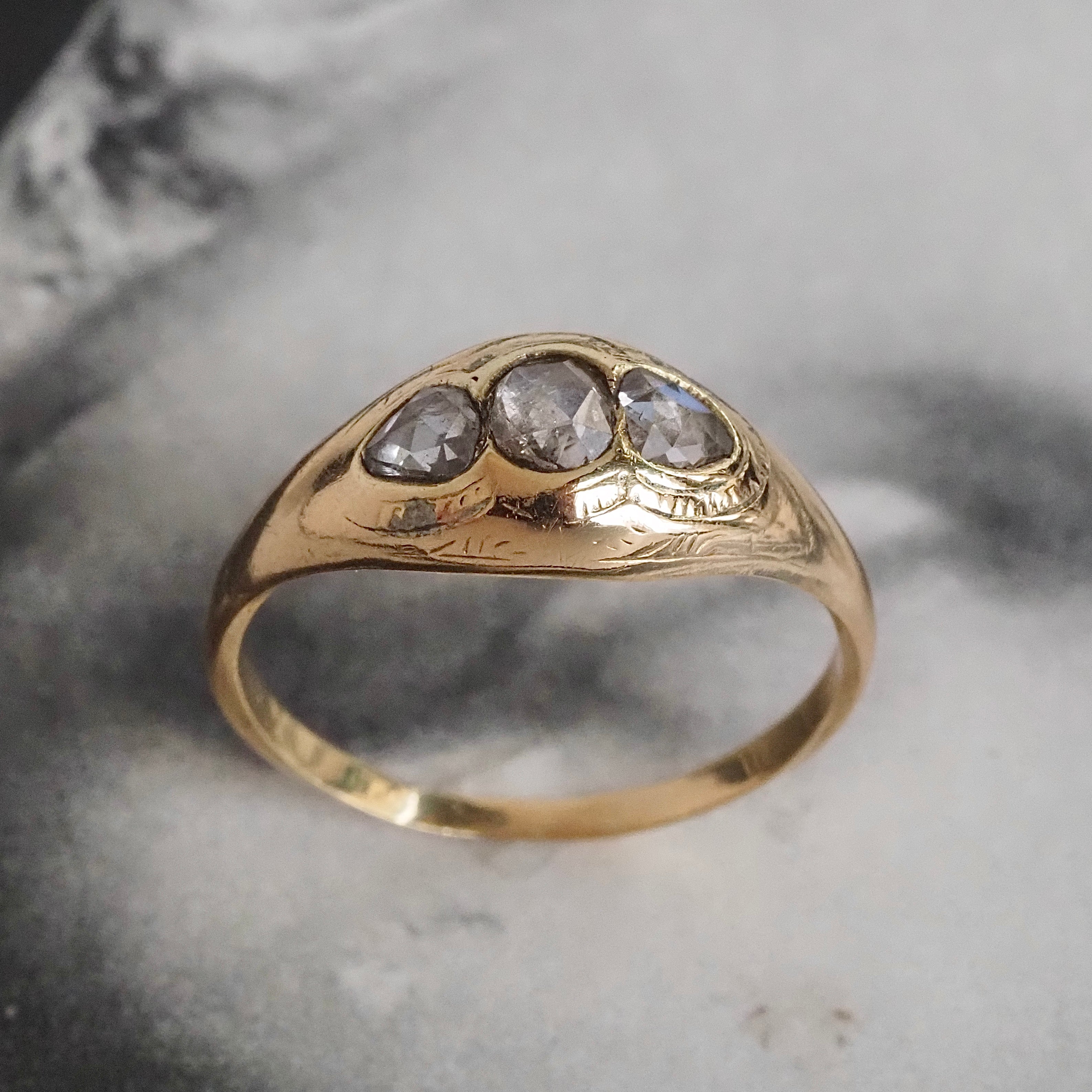 Antique French Rose Cut Diamond Trilogy 18k Gold Ring