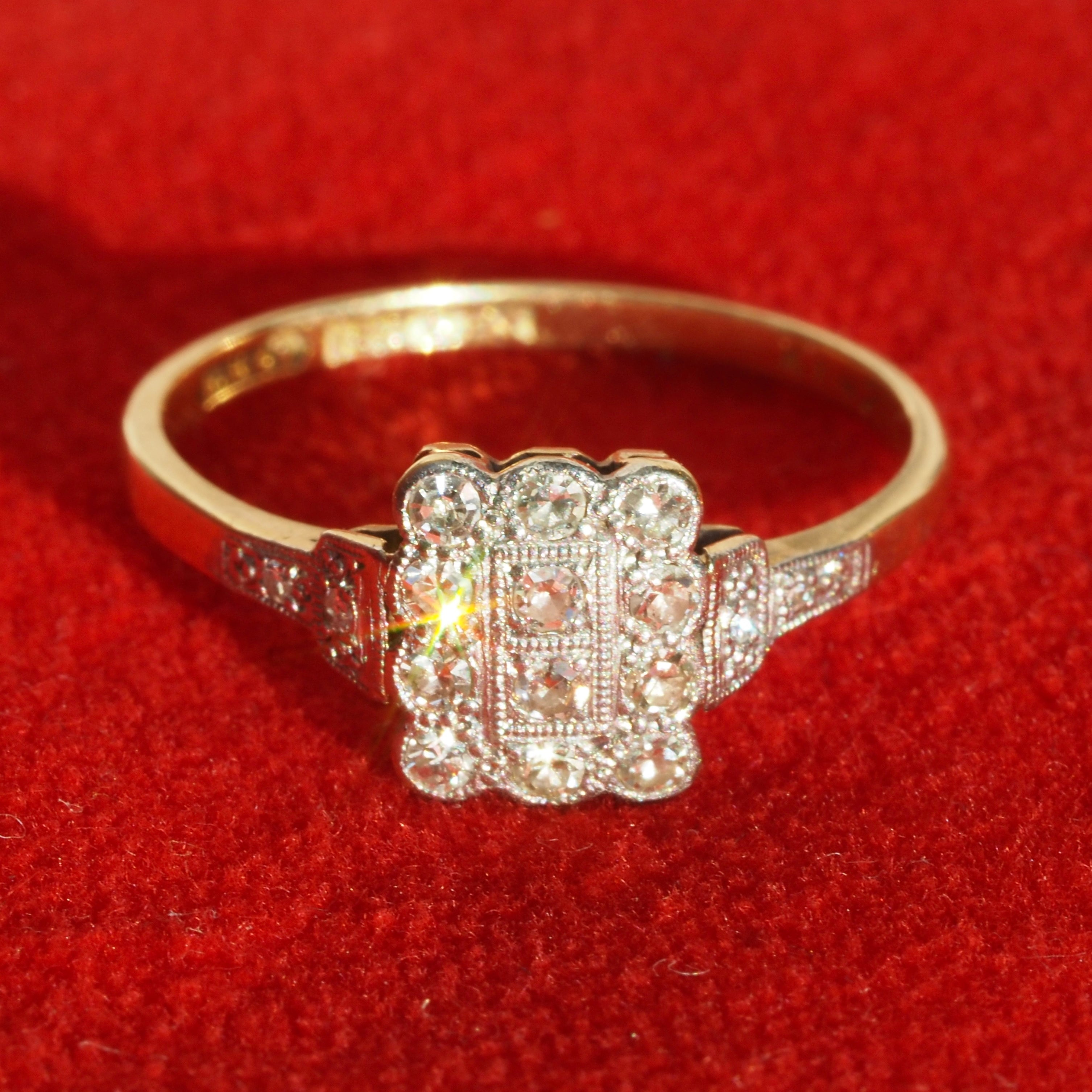 Antique Edwardian English Scalloped Square Diamond 18k Gold and Platinum Engagement Ring