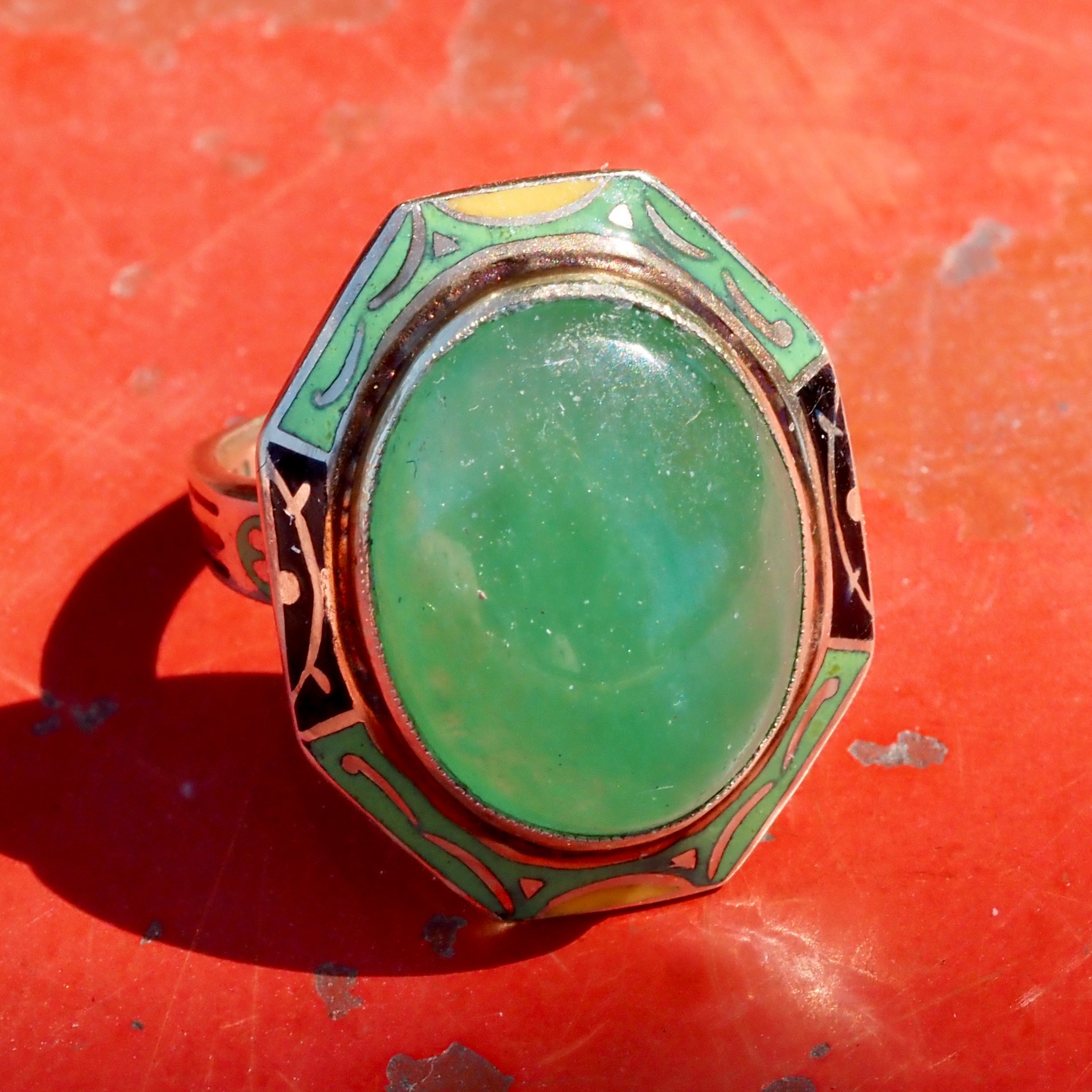 Antique Art Deco Jade and Enamel 14k Gold Ring