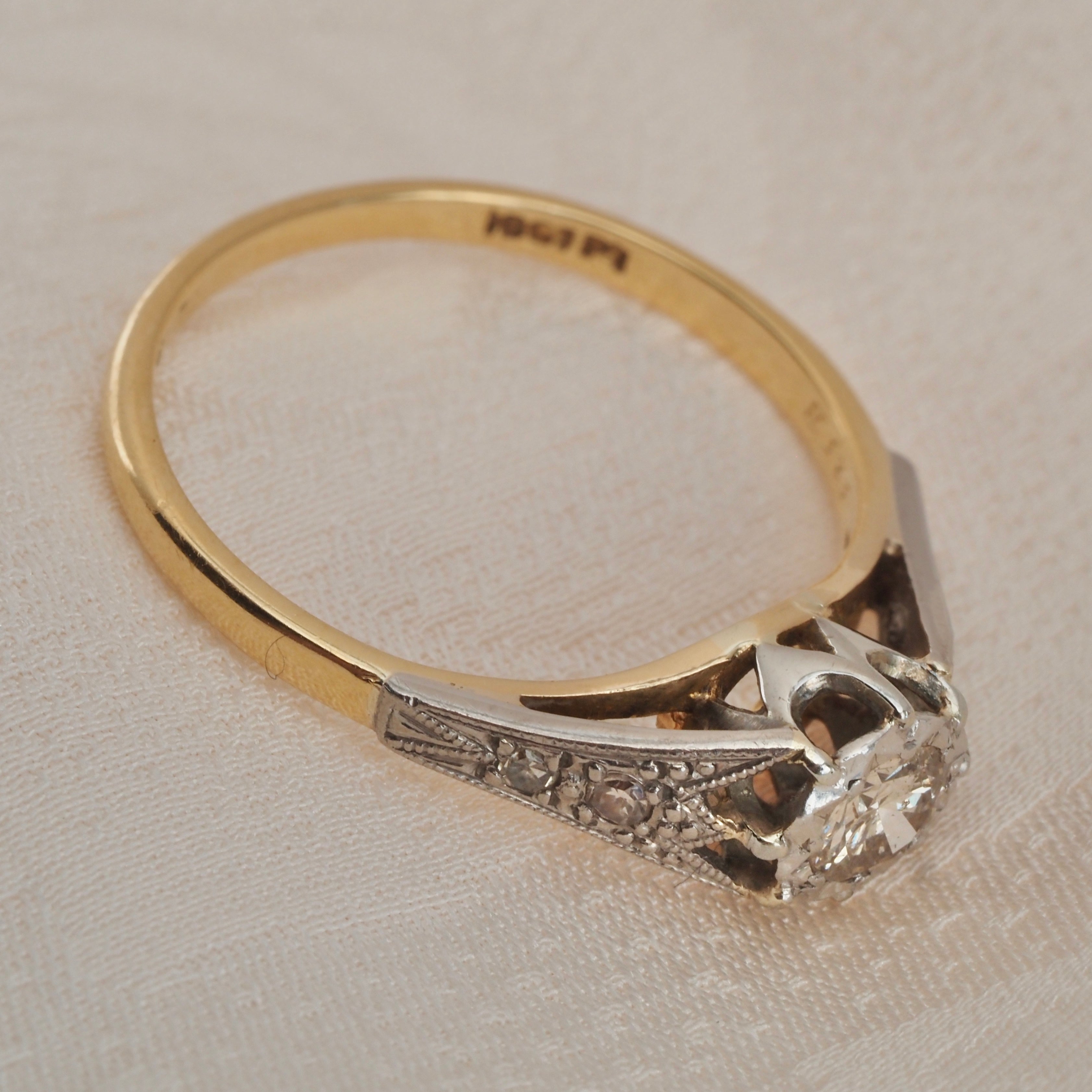 Antique Edwardian 18k White and Yellow Gold Transitional Cut Diamond Solitaire Engagement Ring
