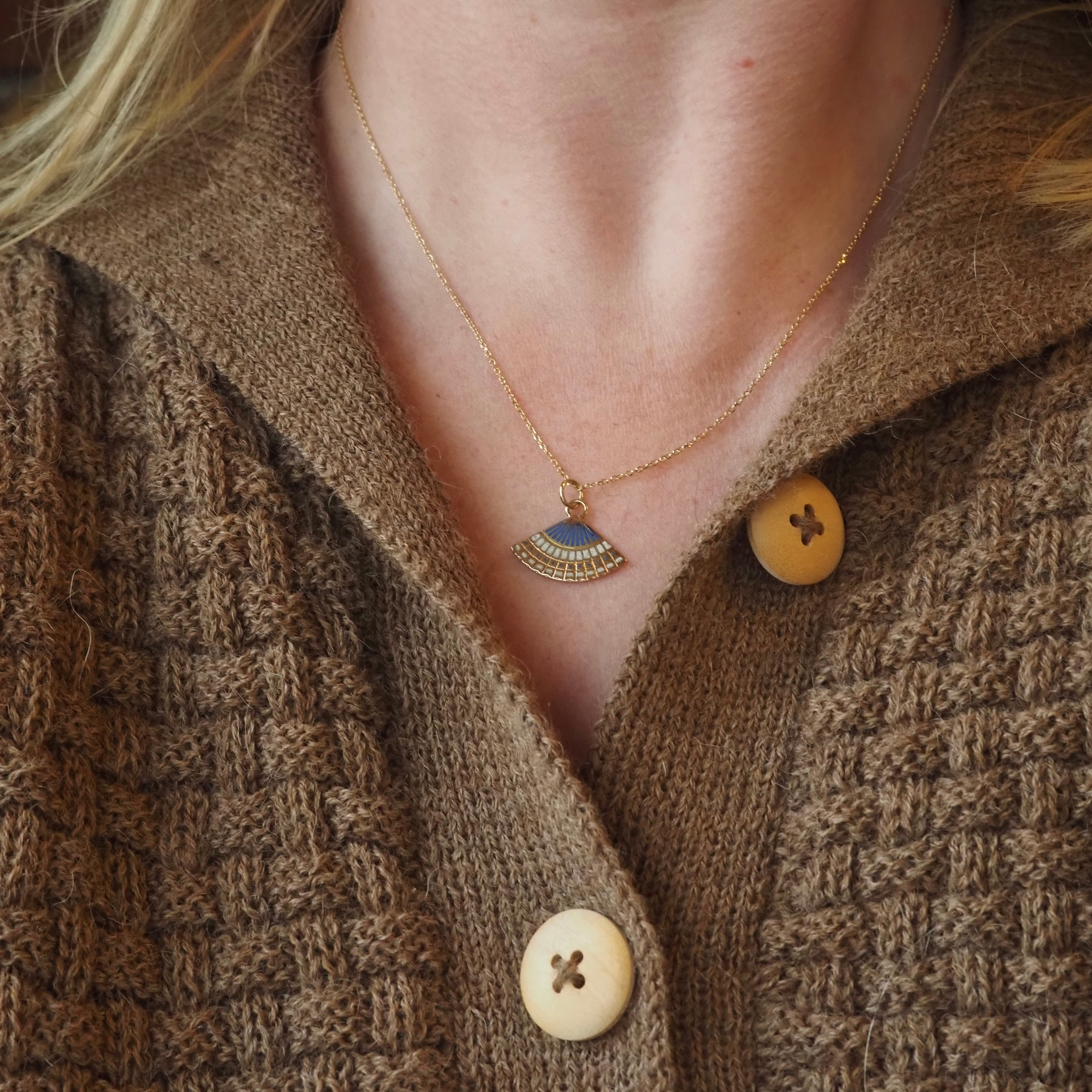 Vintage 14k Gold Blue & White Enamel Fan Charm