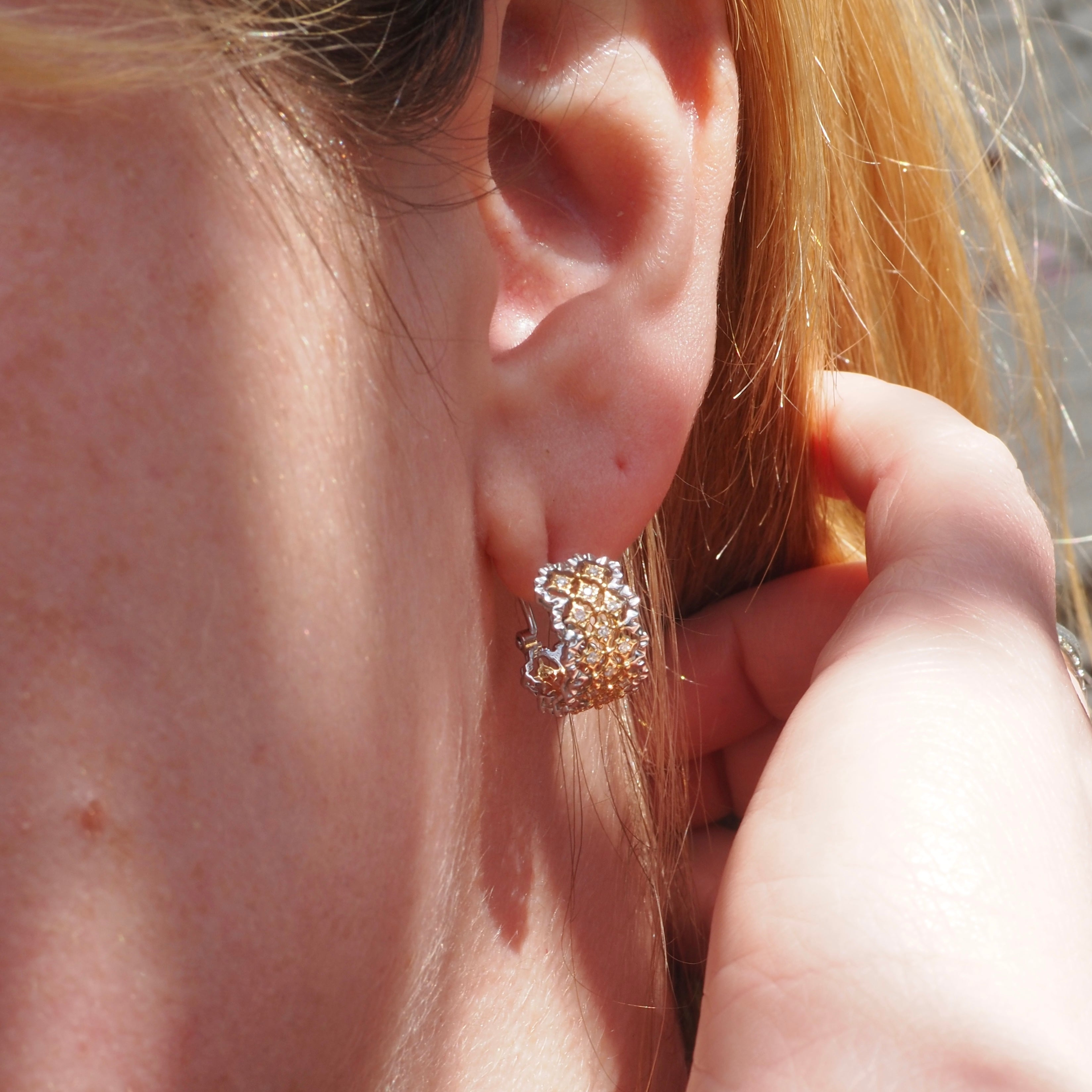 Vintage Diamond Lacey 18k White and Yellow Gold Huggie Hoop Earrings