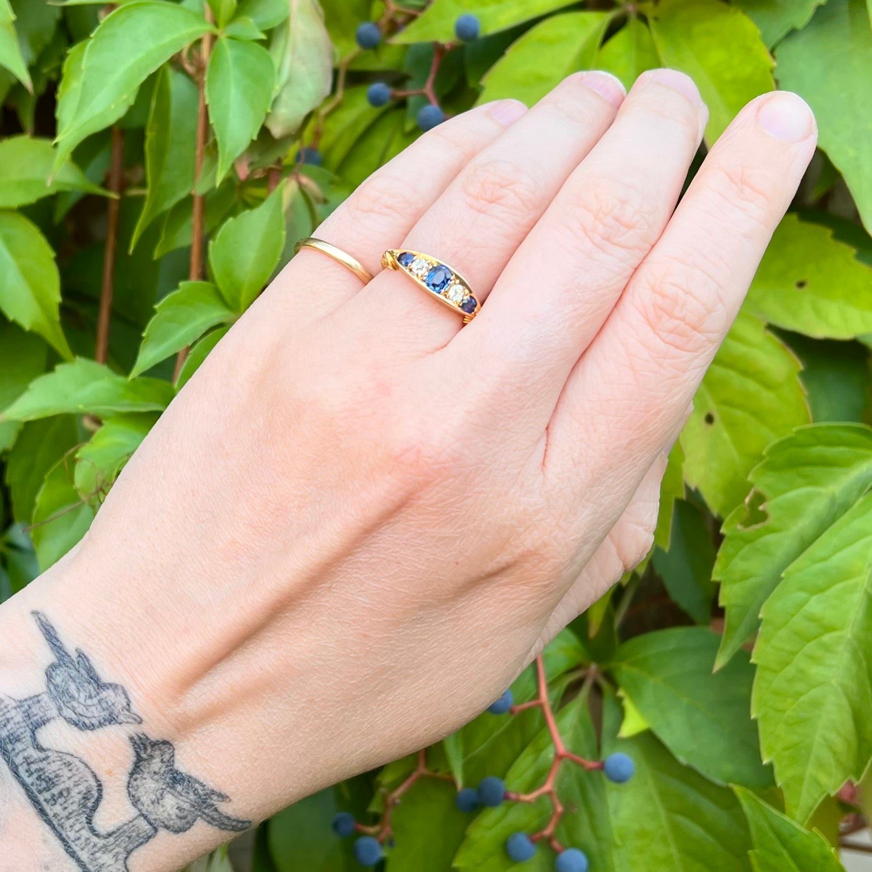 Antique Edwardian 18k Gold Sapphire and Old Mine Cut Diamond Five Stone Boat Ring
