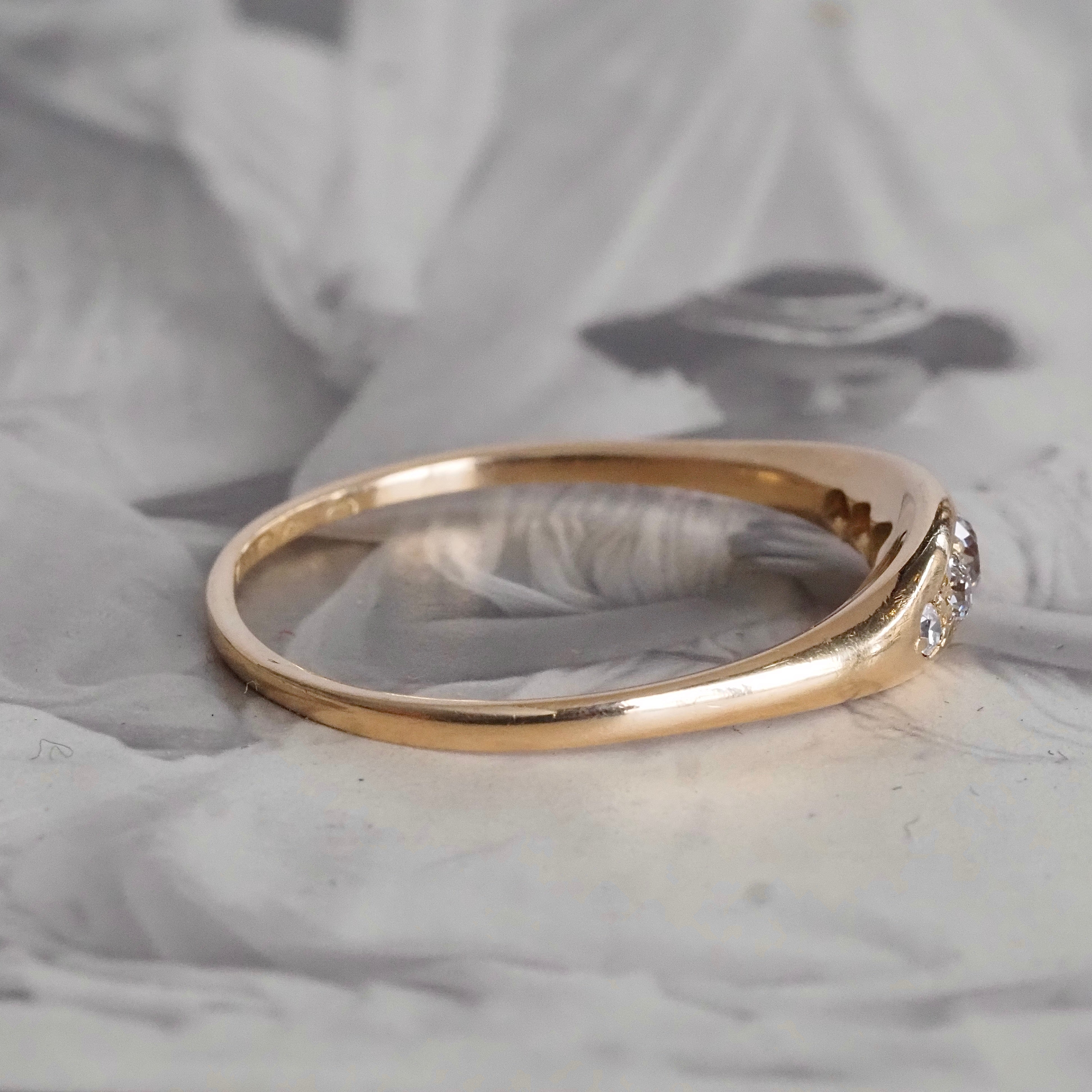 Antique English Old Mine Cut Diamond Five Stone 18k Gold Boat Ring