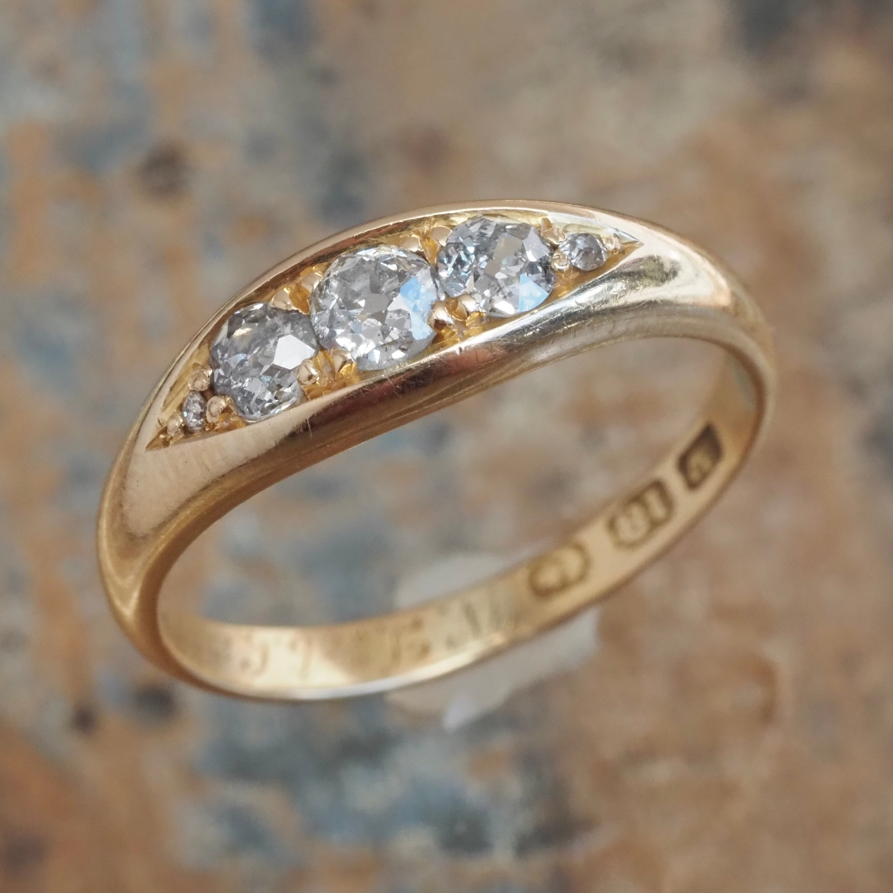 Antique English c. 1902 Old Mine Cut Diamond Five Stone 18k Gold Boat Engagement Ring