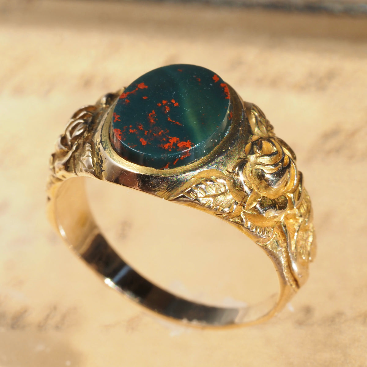 Antique Bloodstone and Roses 10k Gold Signet Ring