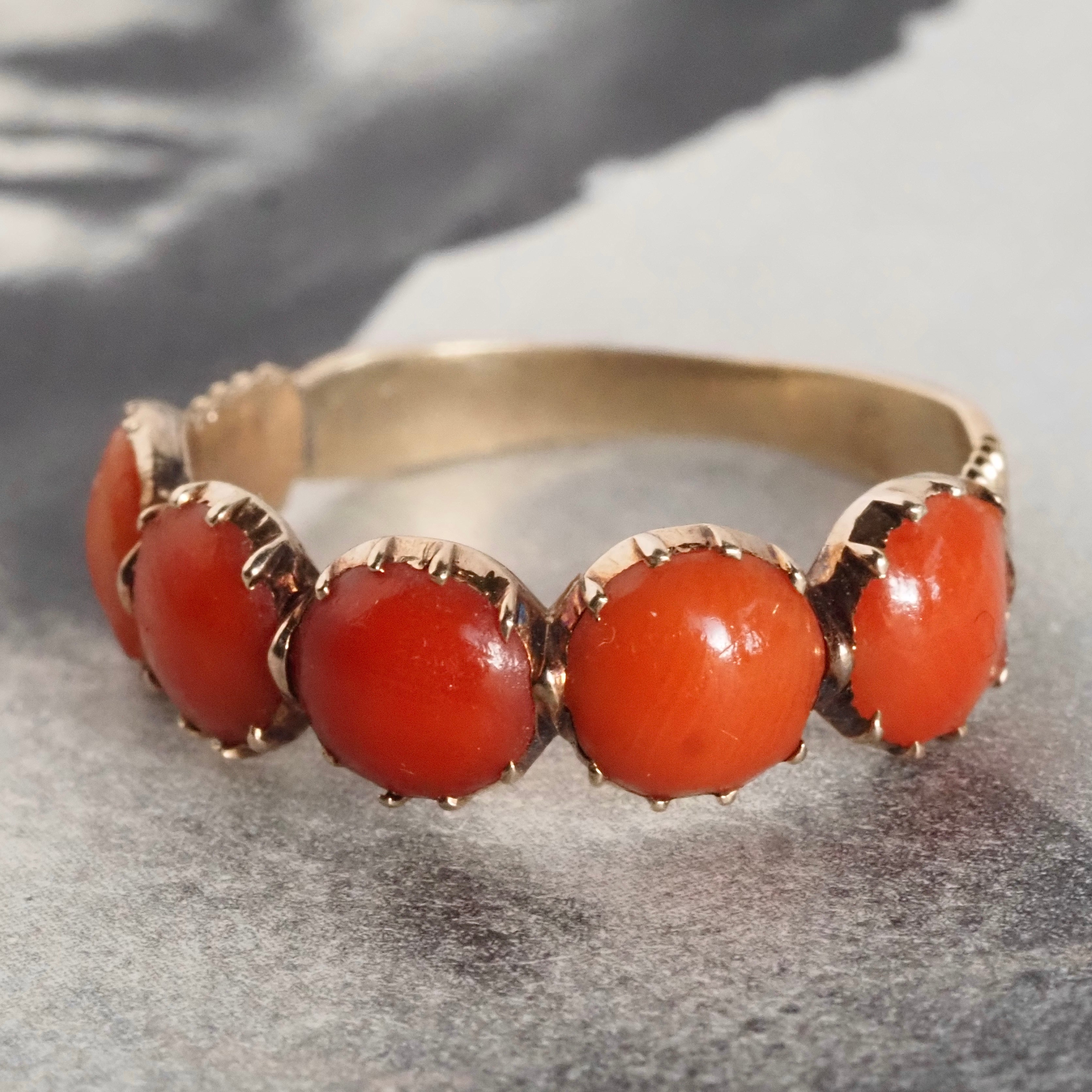 Antique Georgian Five Stone Coral 14k Gold Ring
