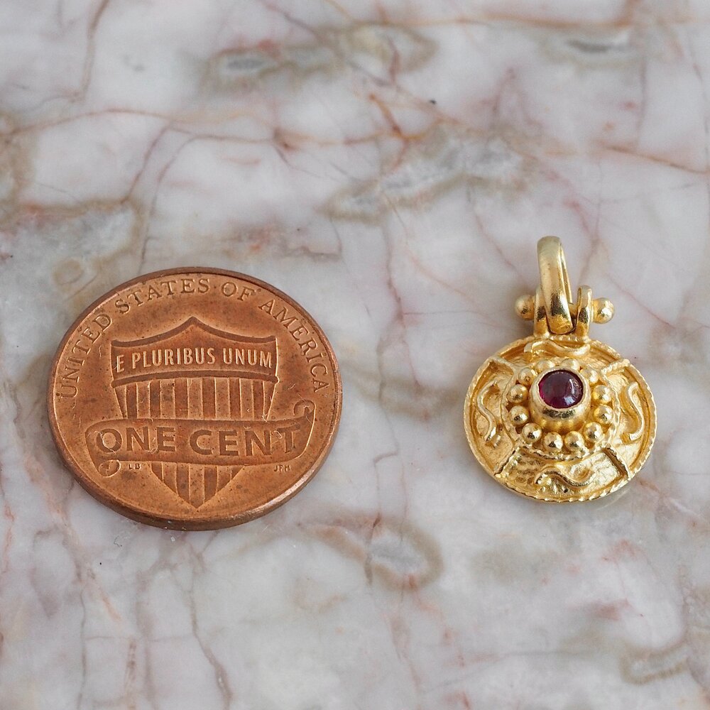 Vintage Italian 18k Gold Etruscan Style Ruby Pendant