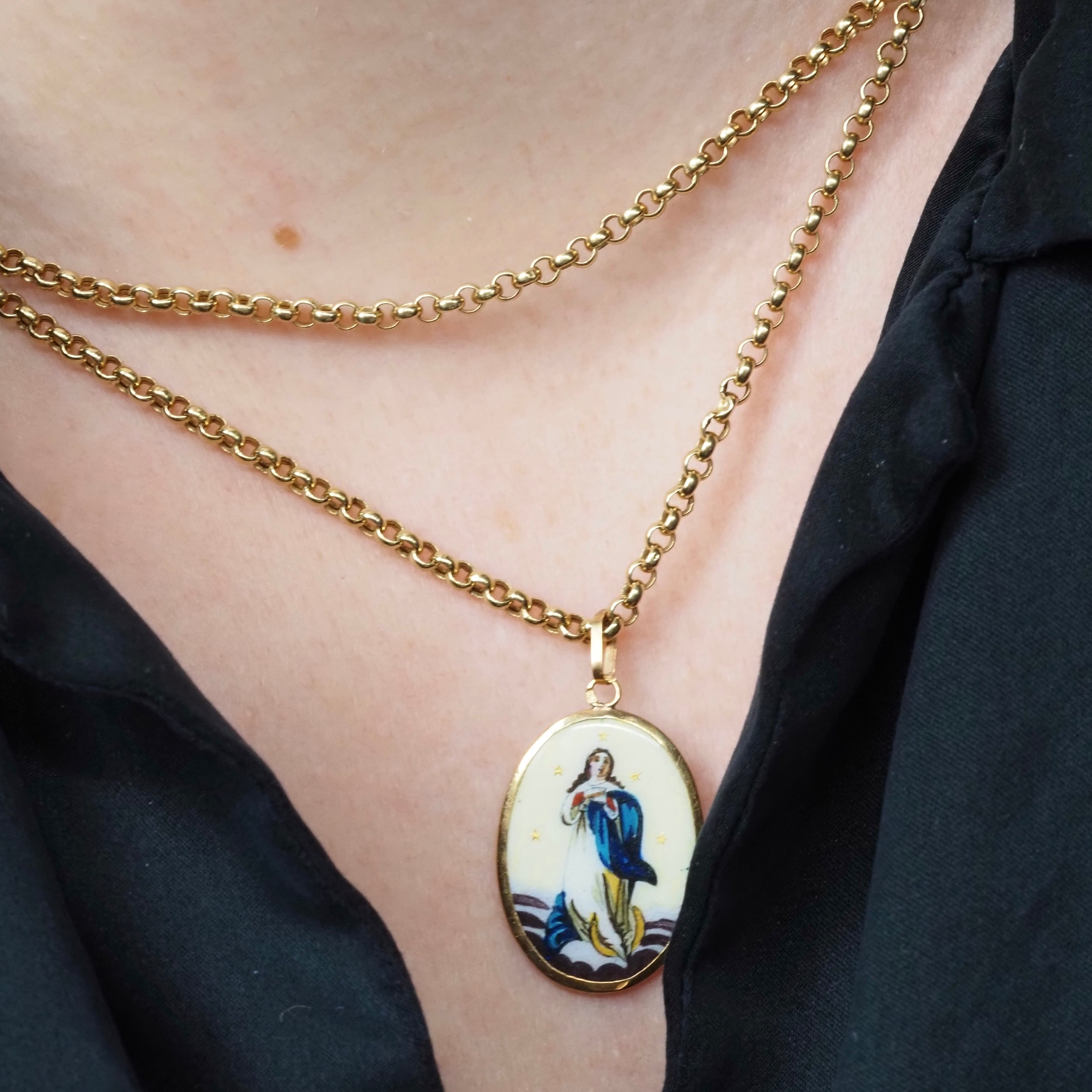 Antique Portuguese 19k Gold and Porcelain Mary Pendant