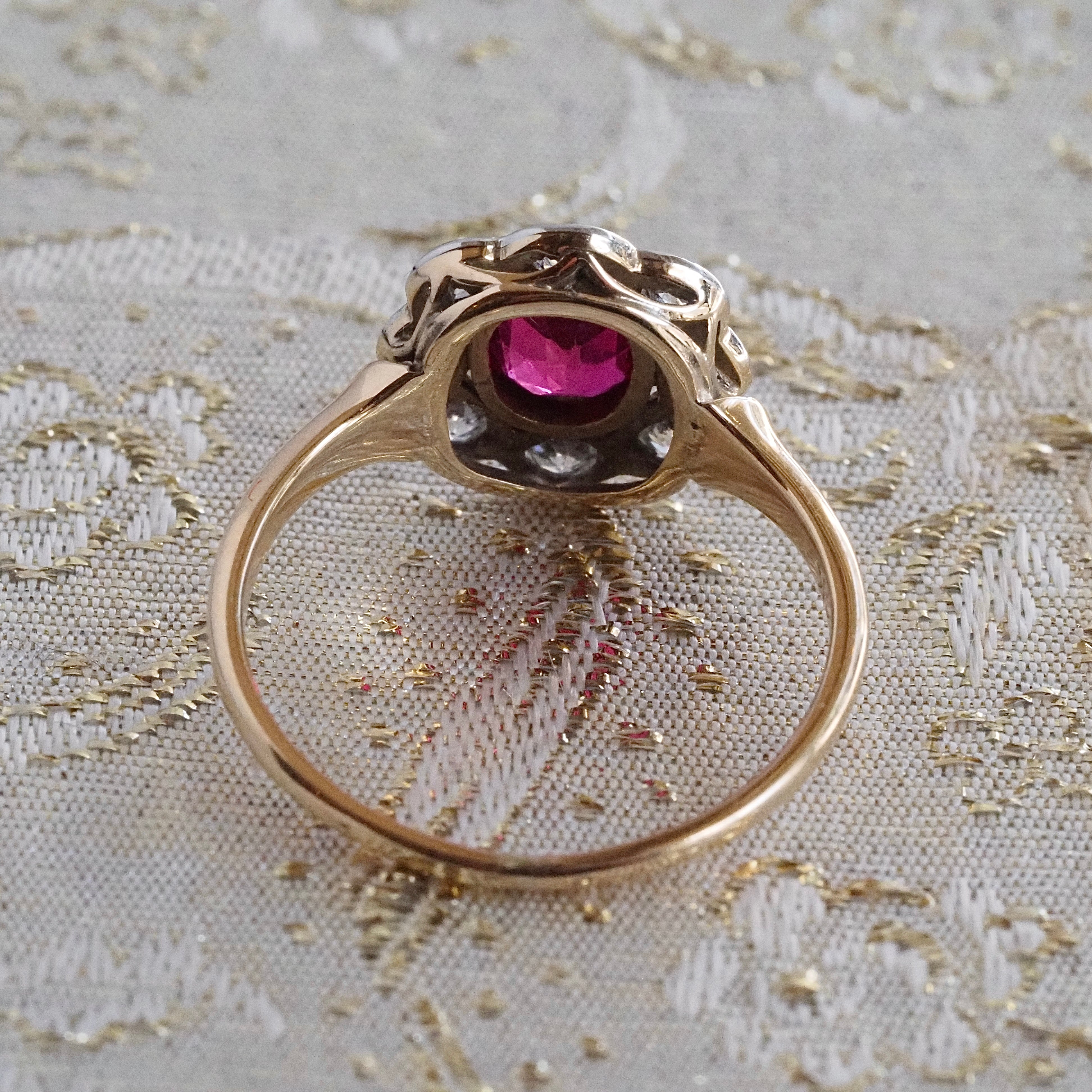 Antique Ruby and Old Mine Cut Diamond Flower 14k Gold Ring