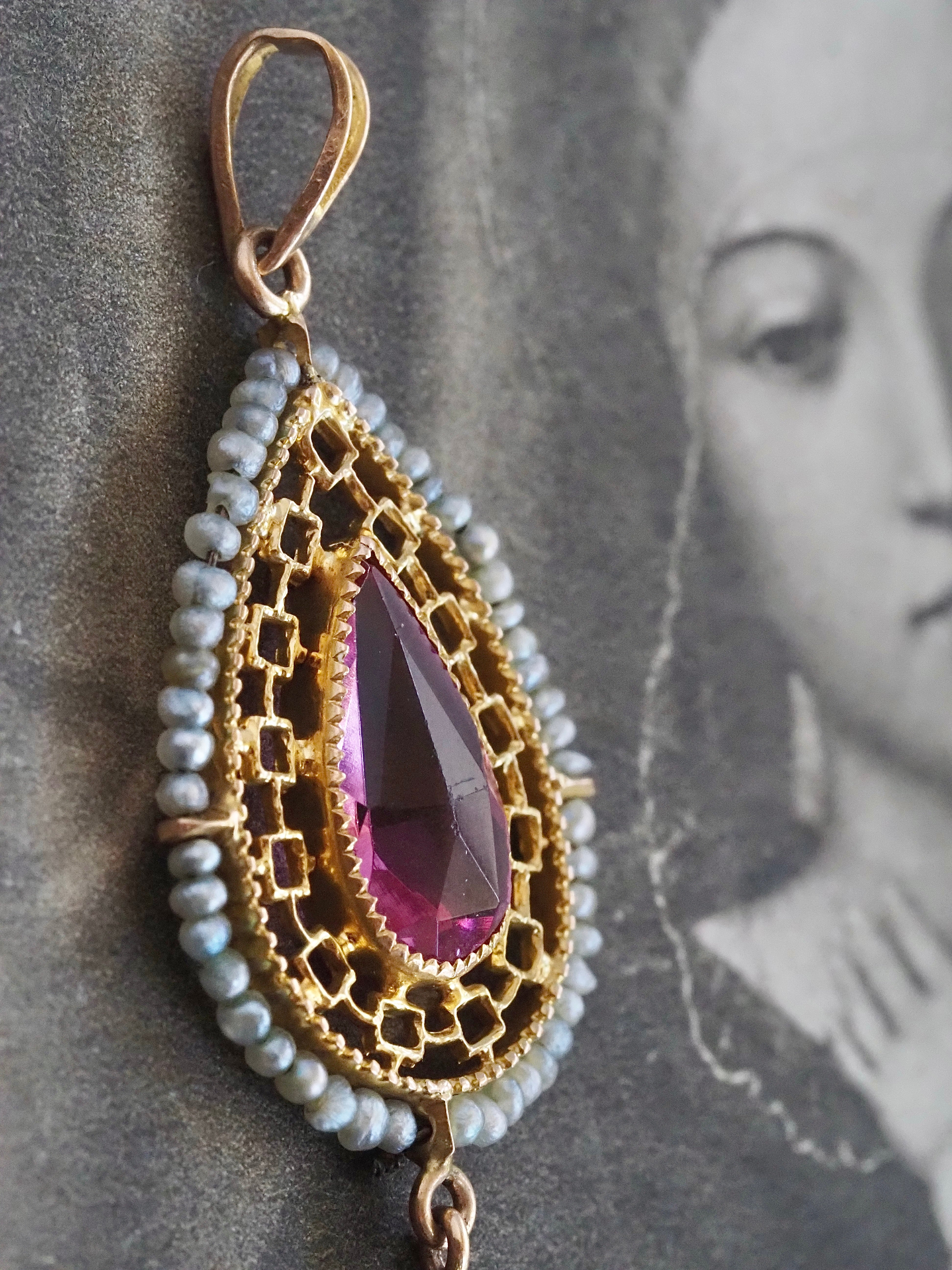 Antique 10k Gold Seed Pearl Tourmaline Lavalier Pendant