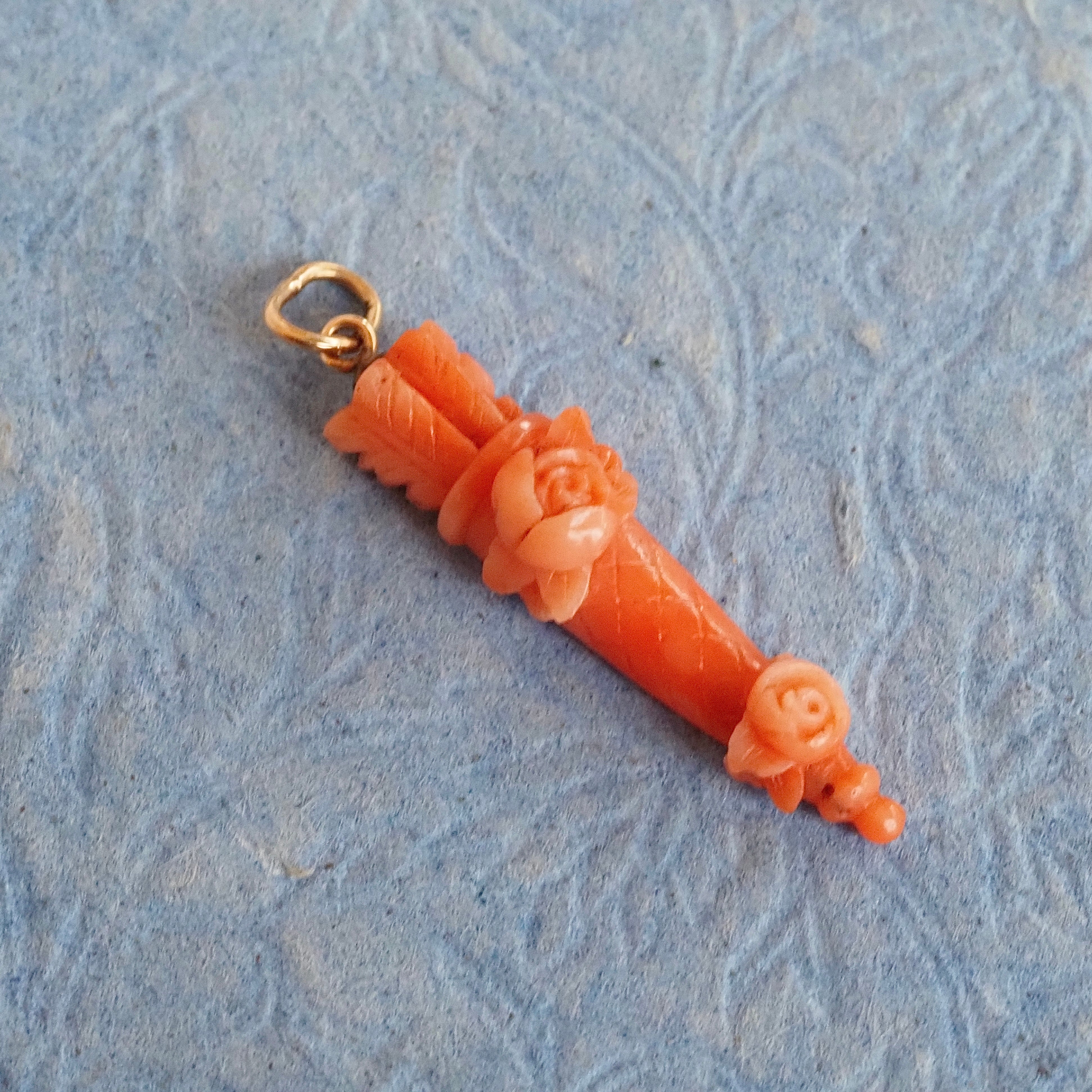 Antique Carved Coral Quiver 14k Gold Charm