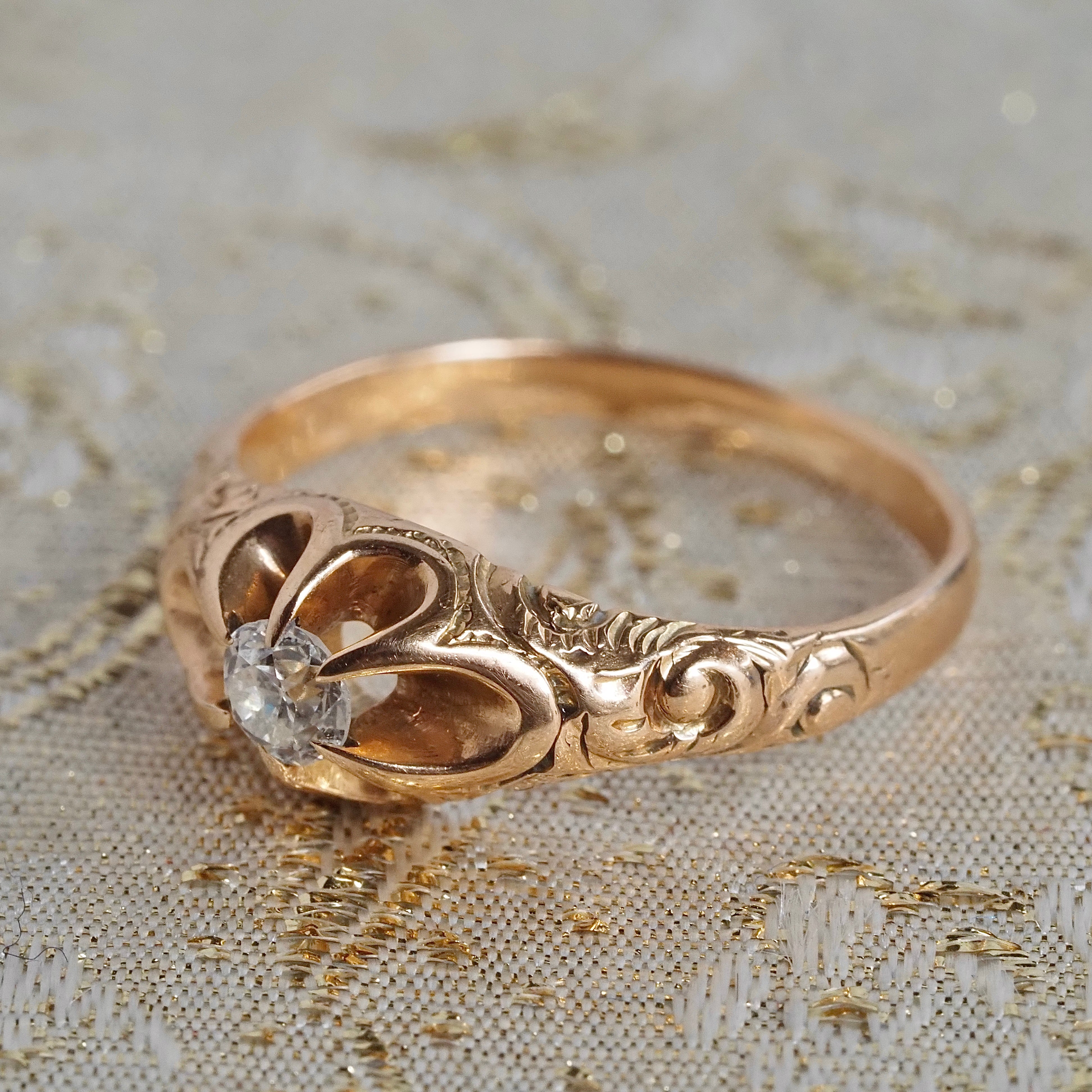Antique Old European Cut Diamond 14k Gold Engraved Belcher Set Engagement Ring
