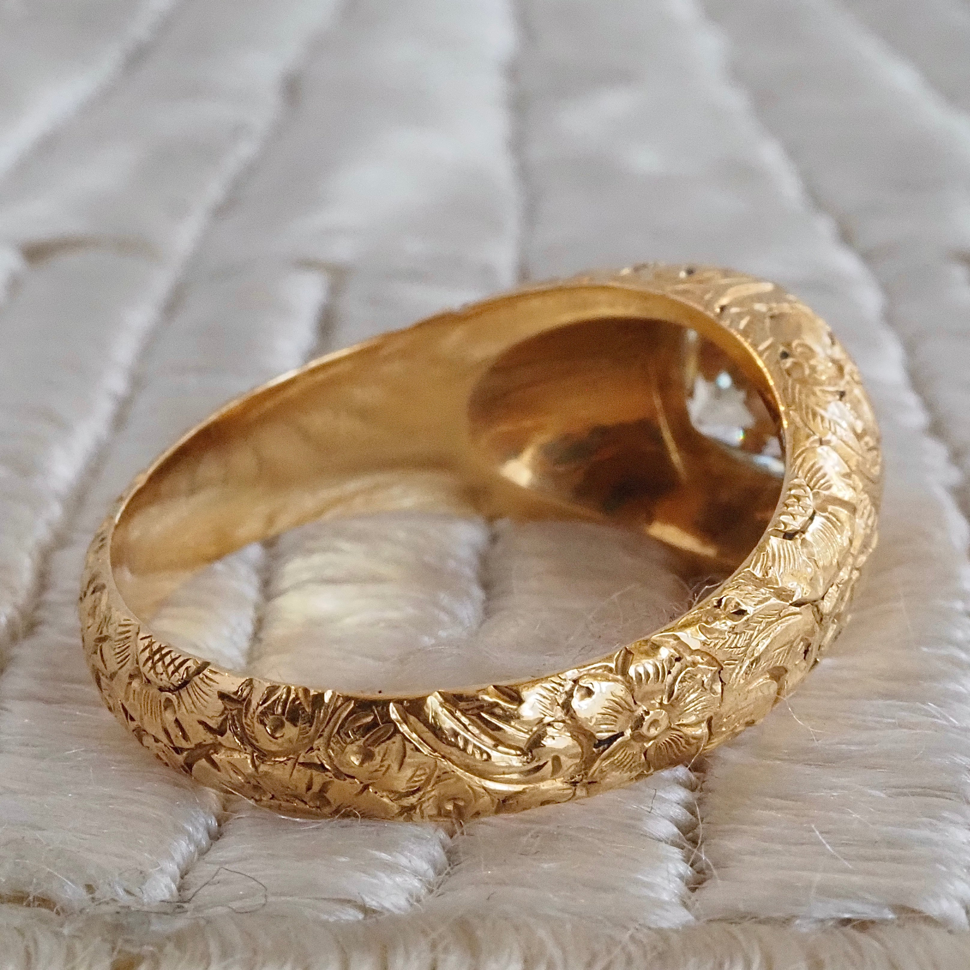 Vintage Portuguese Floral Engraved 19k Gold Old European Cut Diamond Ring