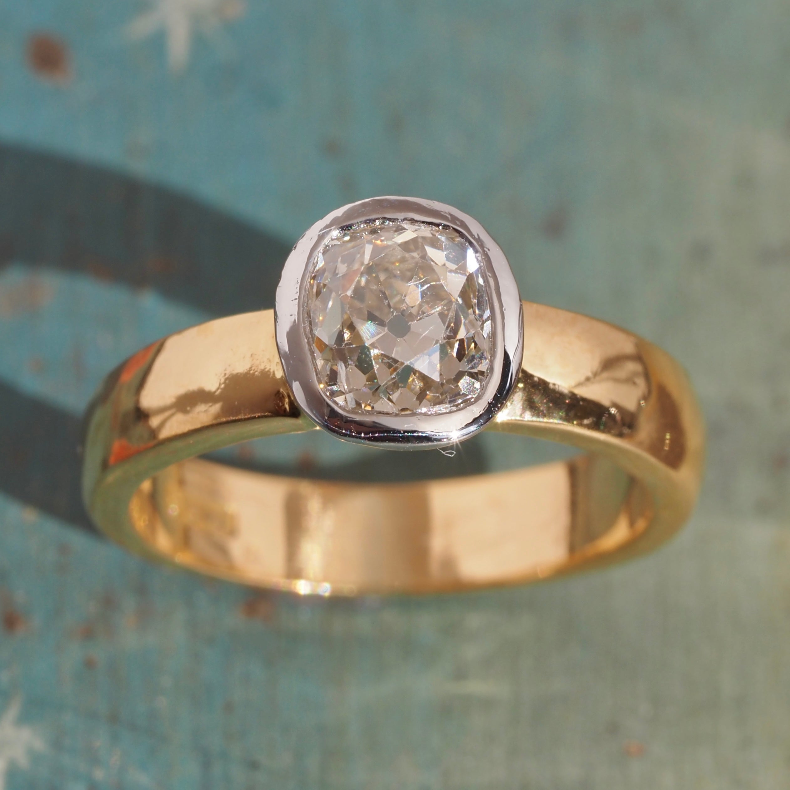 Vintage English 22k Gold Platinum Bezel Set 1.10ct Old Mine Cut Diamond Engagement Ring