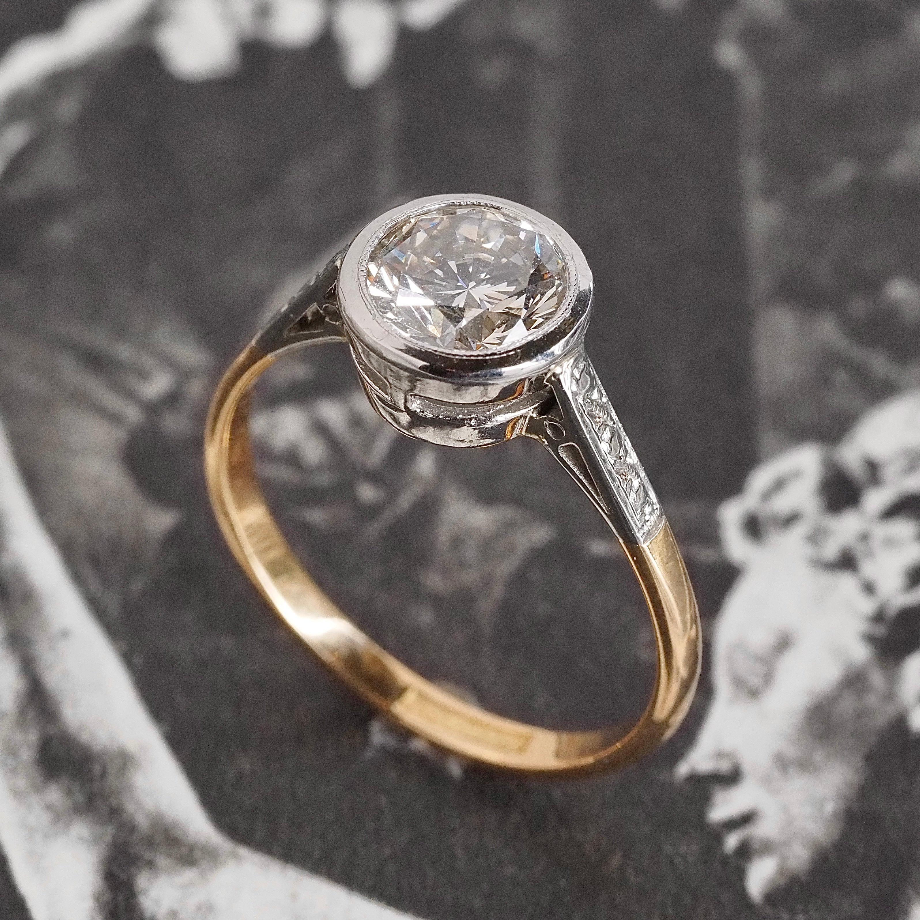 Antique 18k Gold and Platinum Engagement Ring with Vintage 1.24ct Round Brilliant Cut Diamond