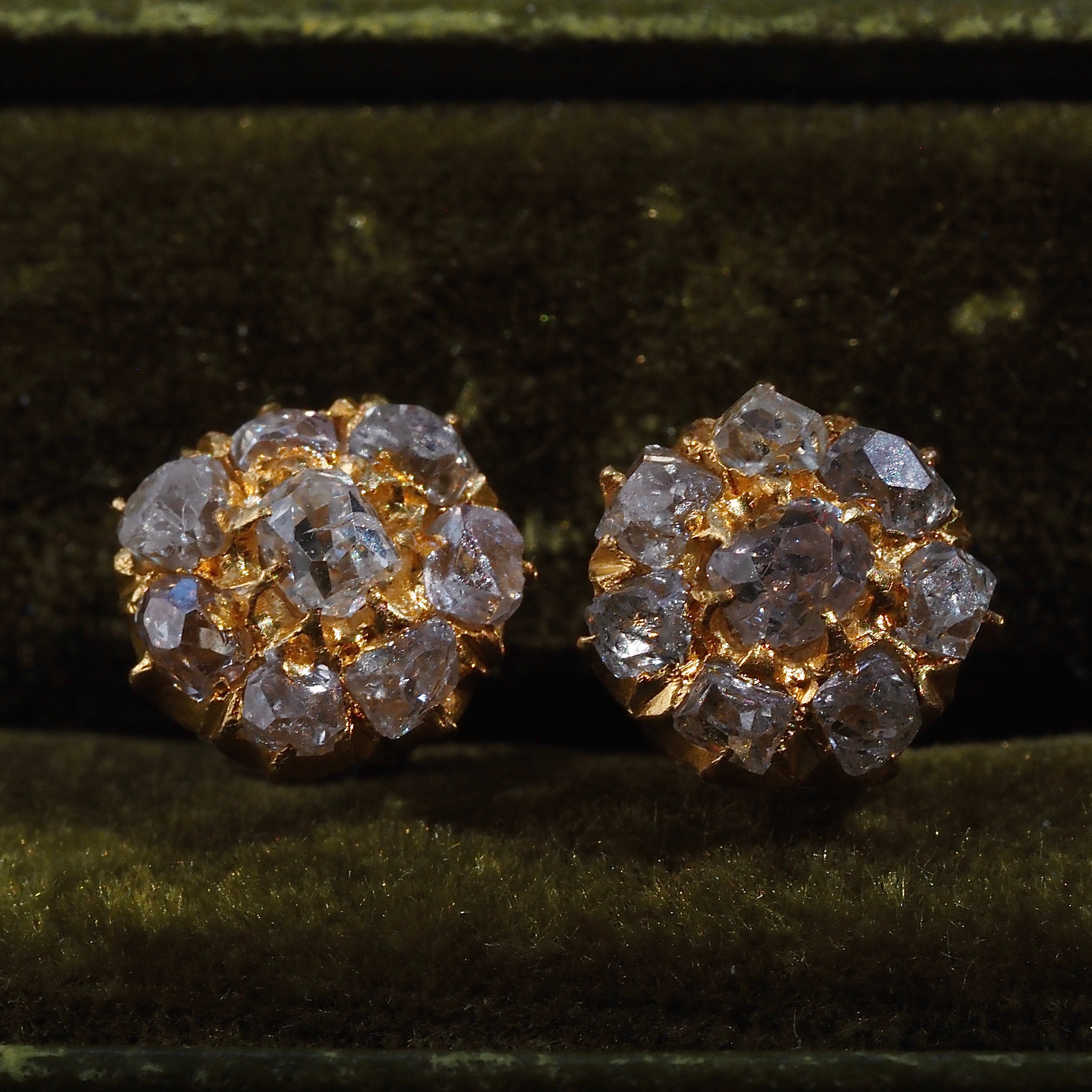 Antique Victorian 22k Gold Old Mine Cut Diamond Cluster Threaded Post Earrings