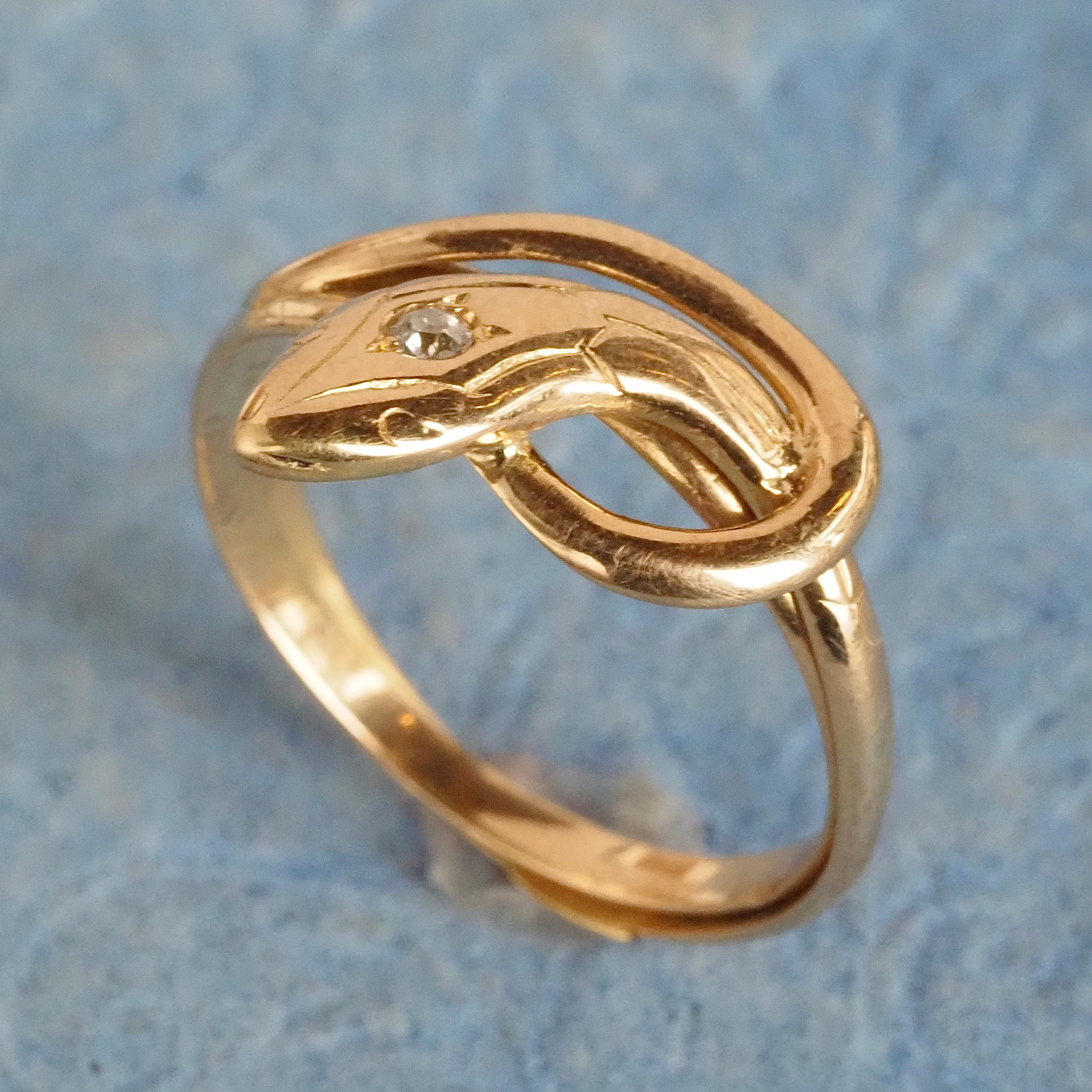 Mid-Century French Snake Old European Cut Diamond 18k Gold Ring