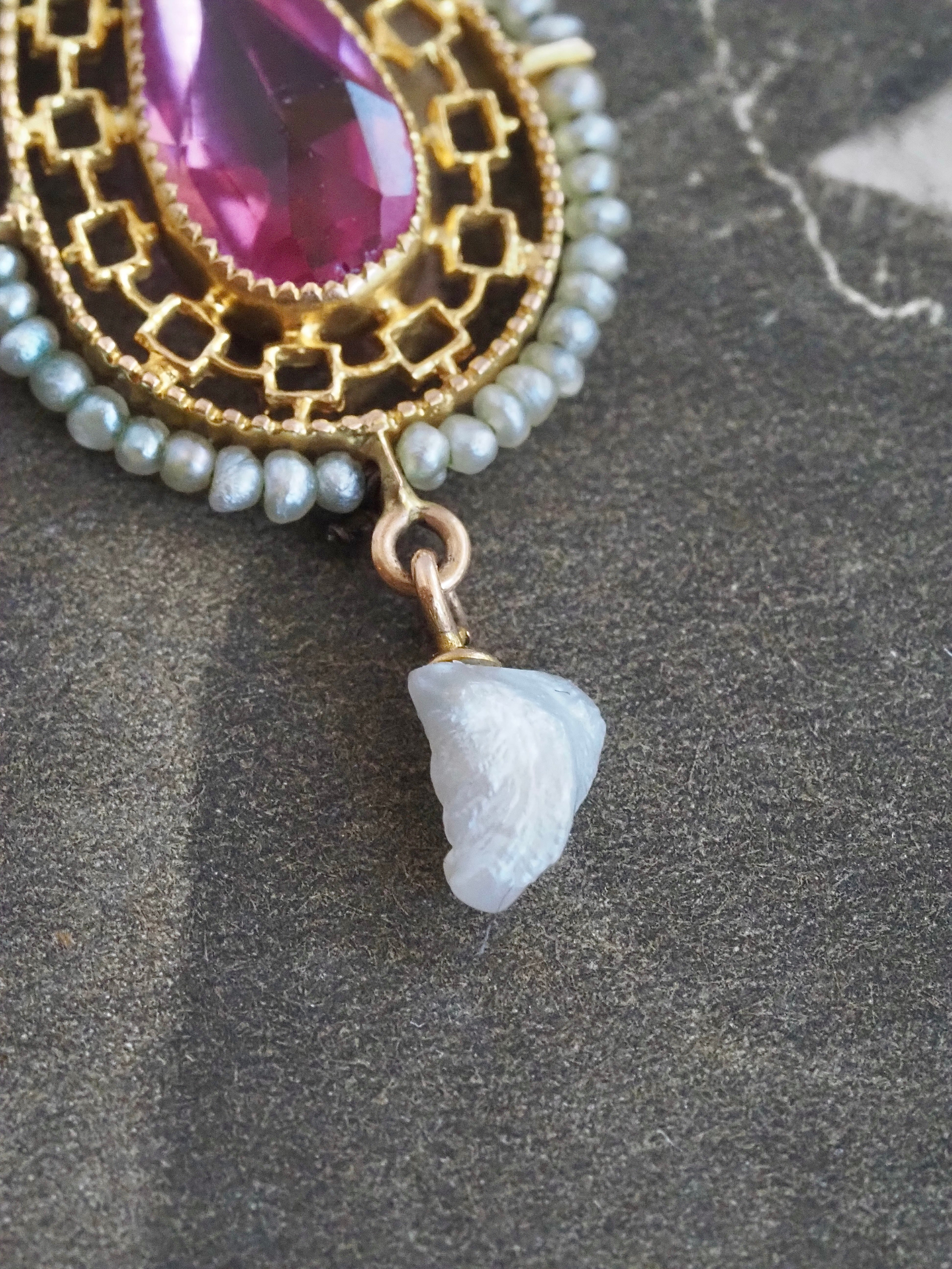 Antique 10k Gold Seed Pearl Tourmaline Lavalier Pendant