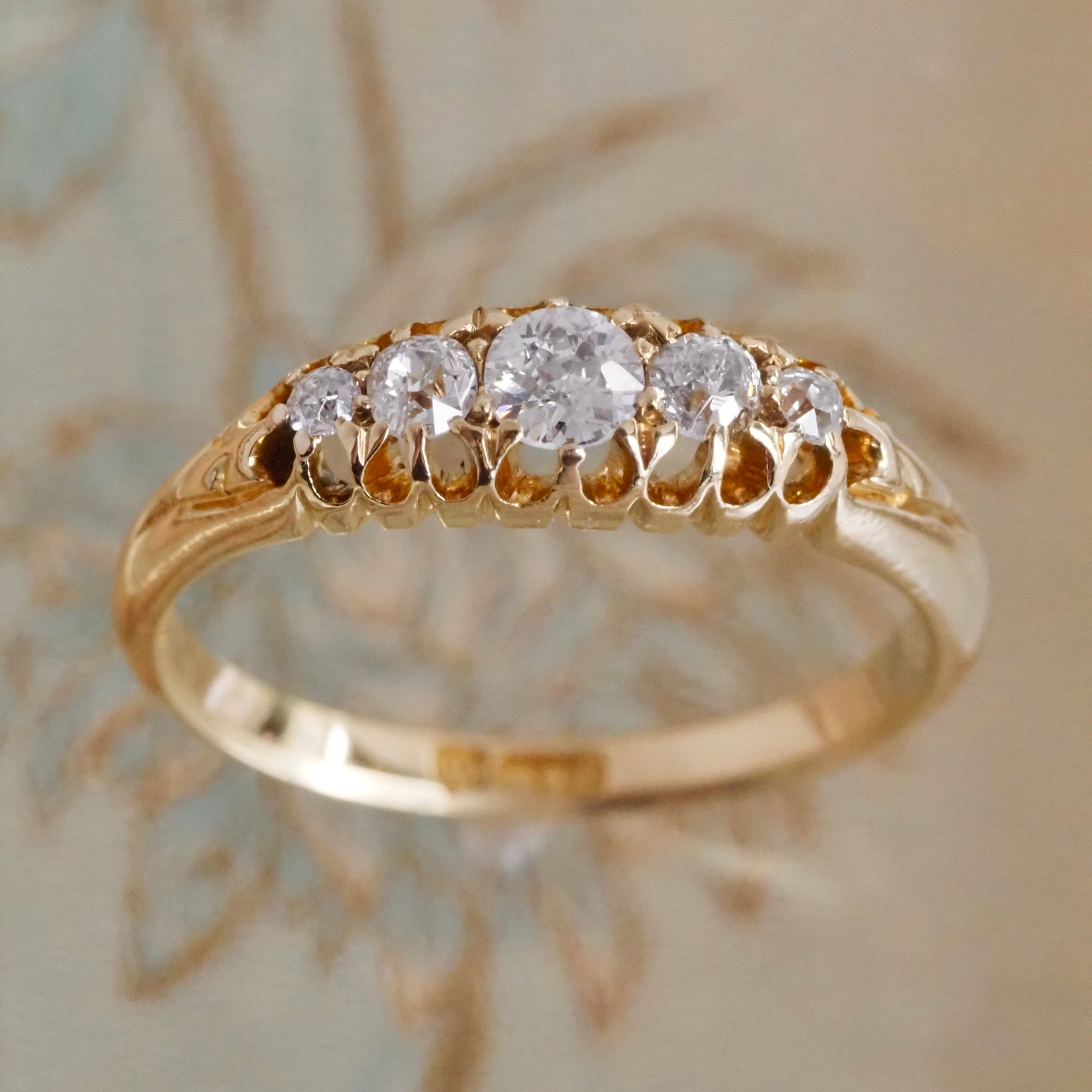 Antique Victorian 18k Gold Five Stone Old Mine Cut Diamond Ring