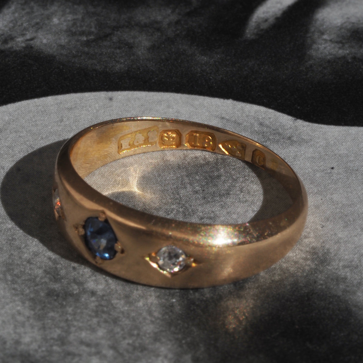 Antique English c. 1886 Sapphire and Diamond Flush Set Trilogy Ring